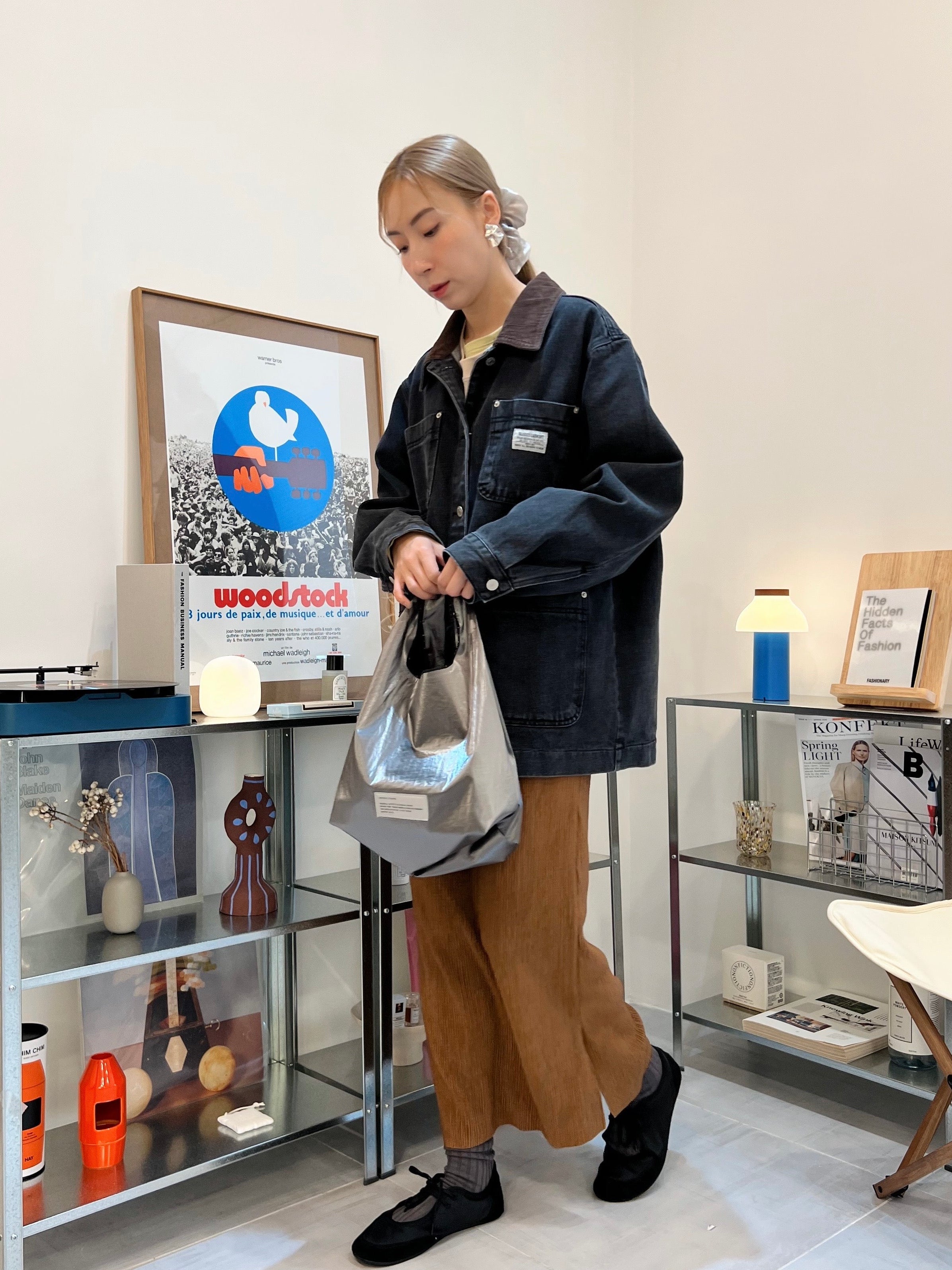 燈心絨領牛仔褸/黑