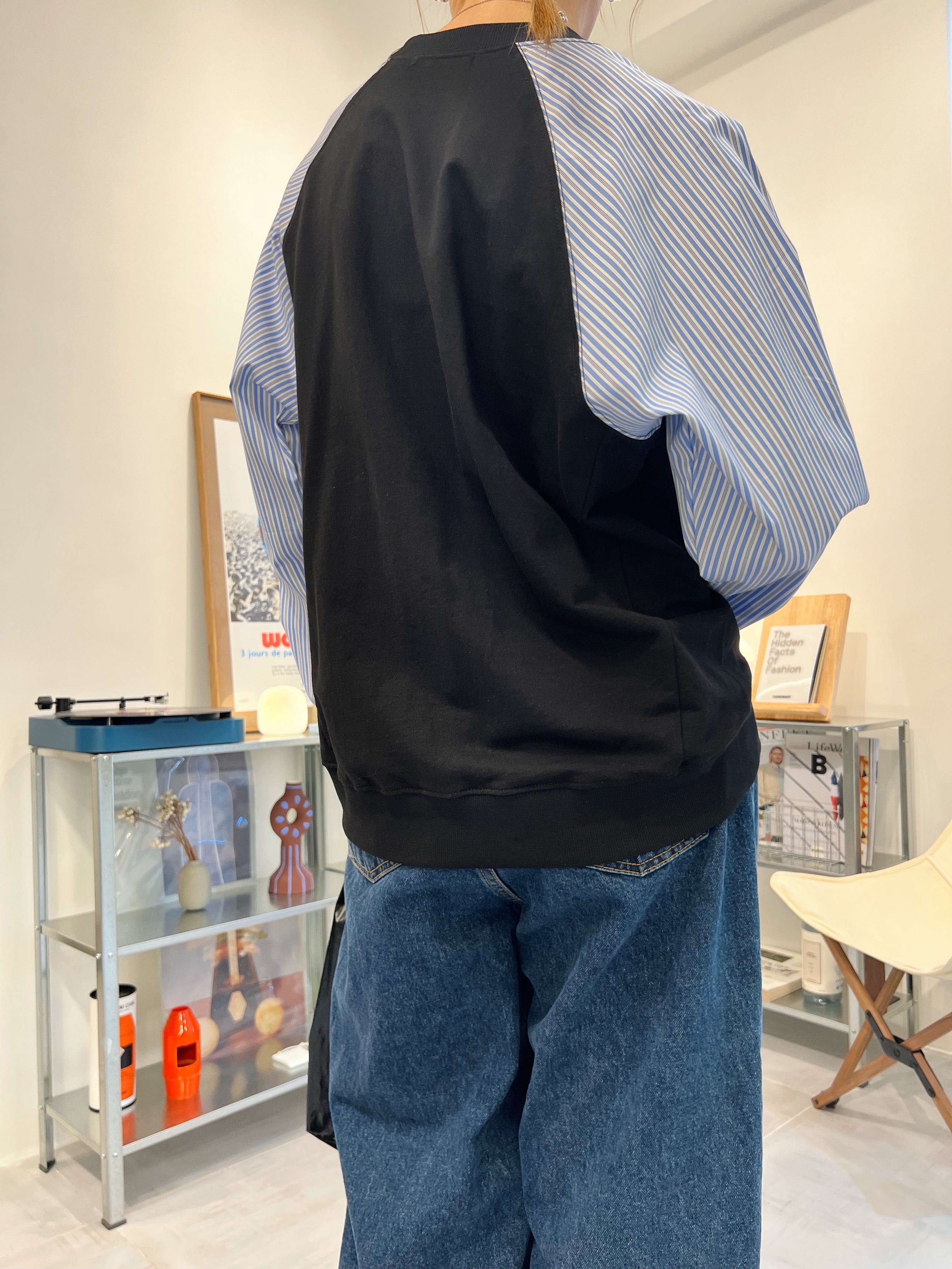 條子袖併布T-shirt/深藍