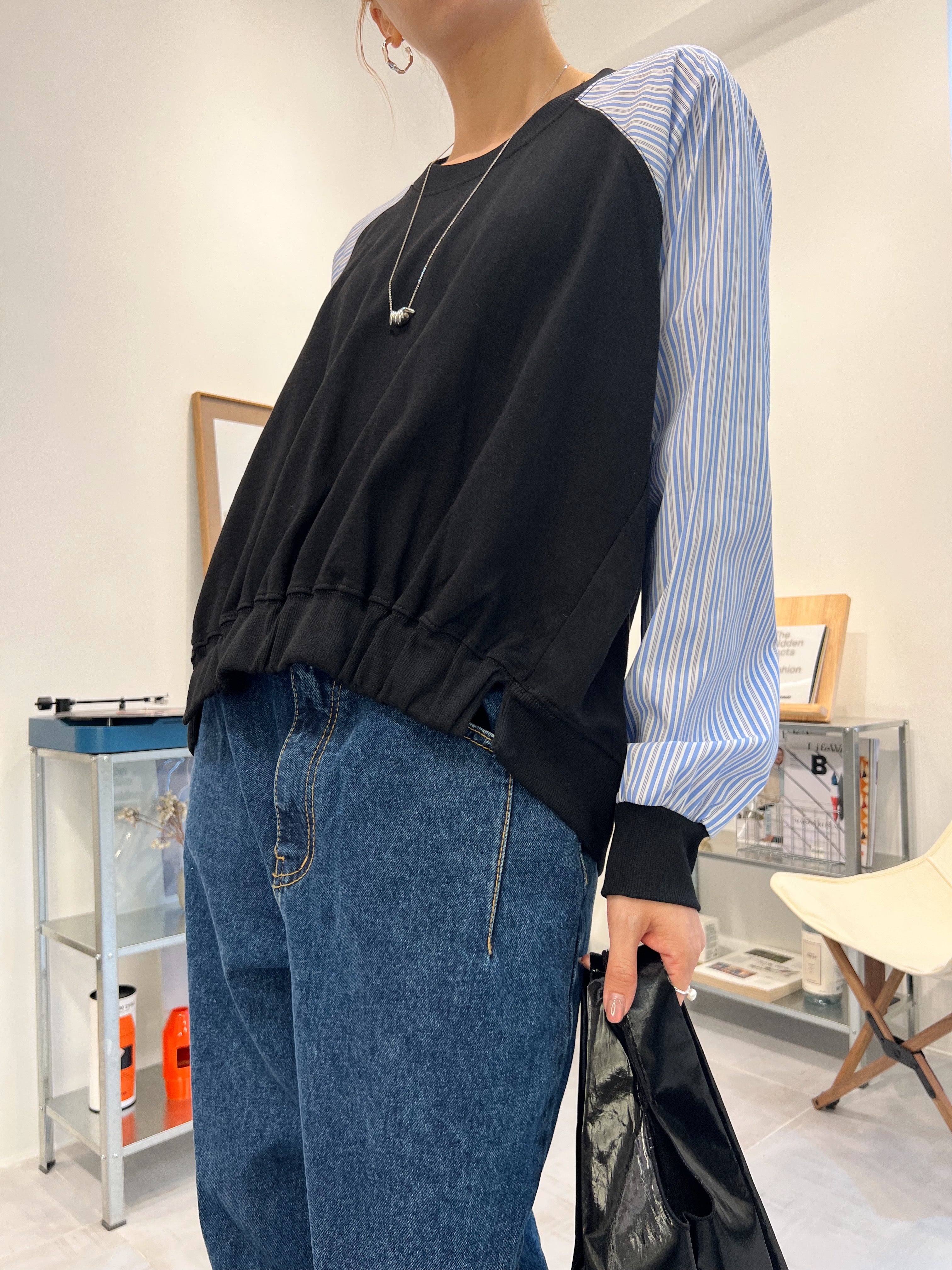 條子袖併布T-shirt/深藍