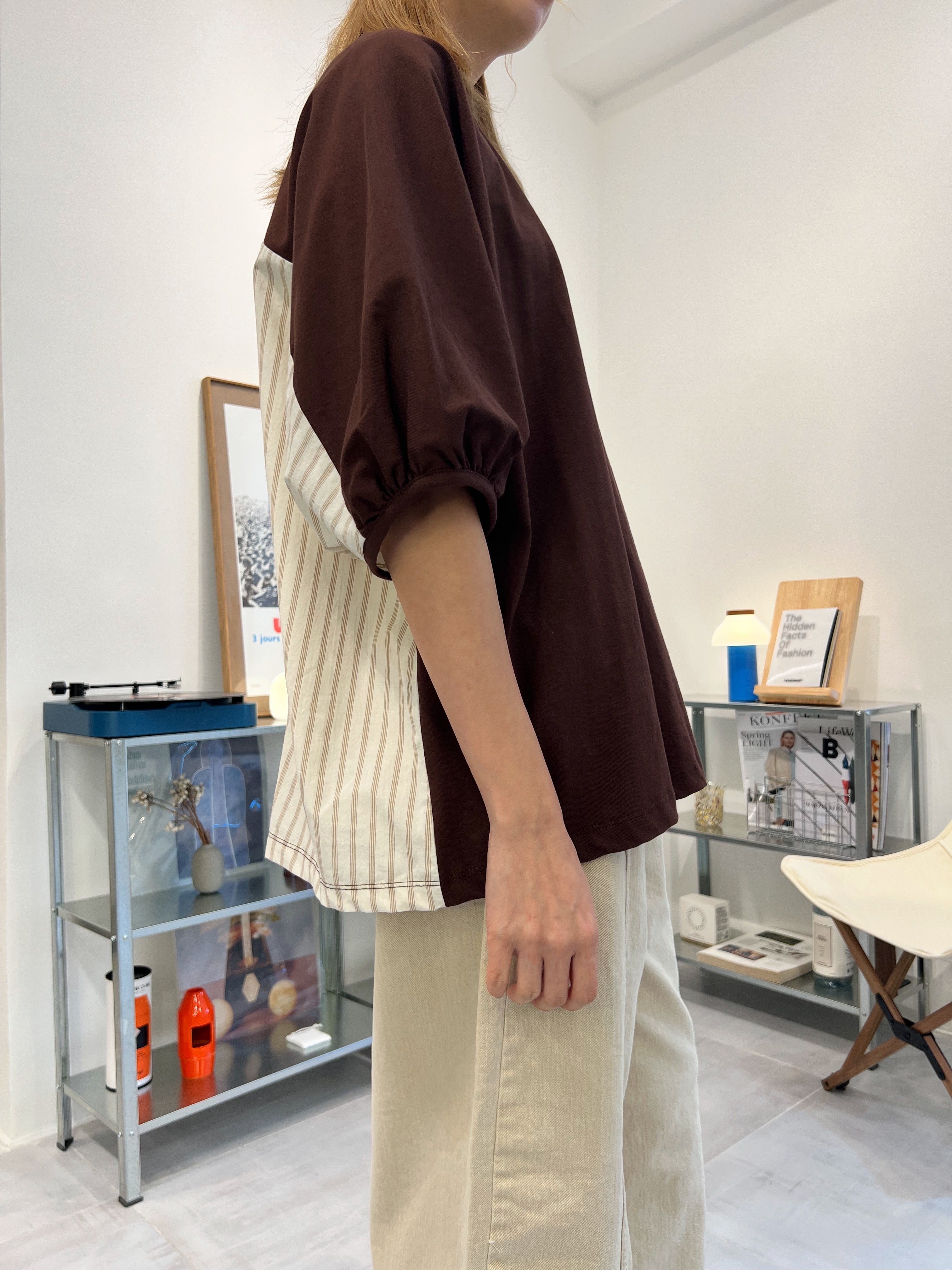 後併布泡泡袖T-shirt/啡