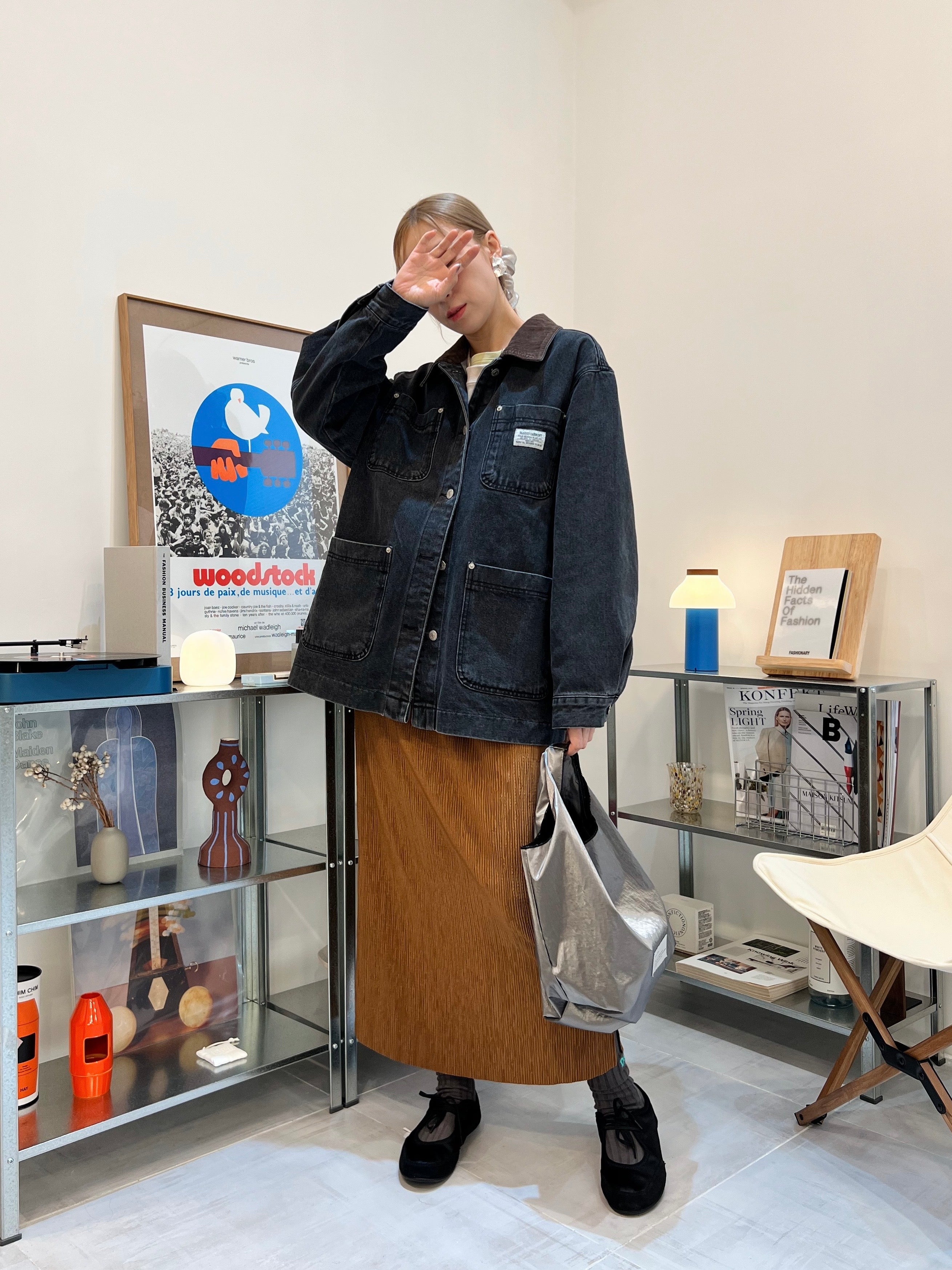 燈心絨領牛仔褸/黑