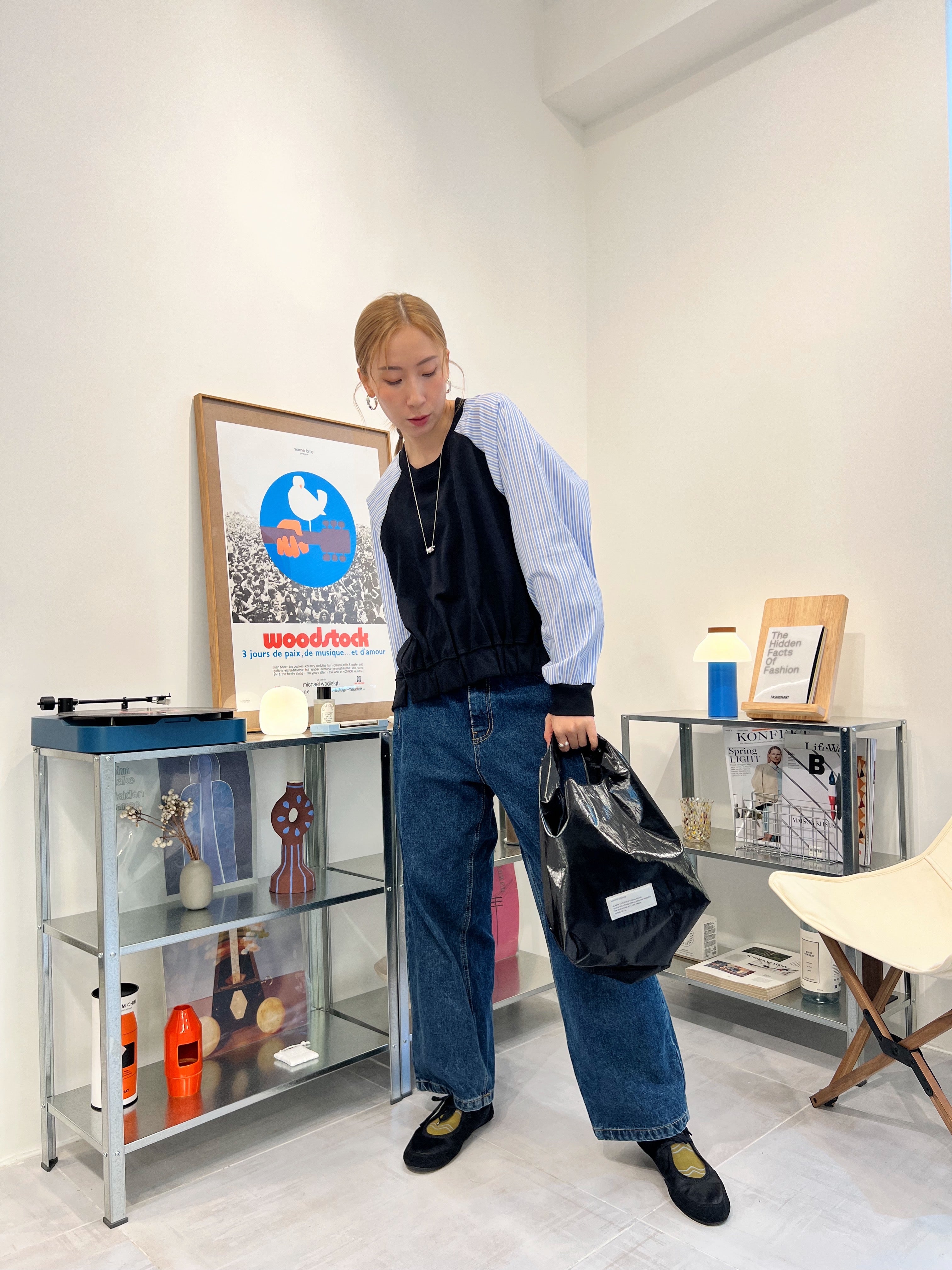 條子袖併布T-shirt/深藍