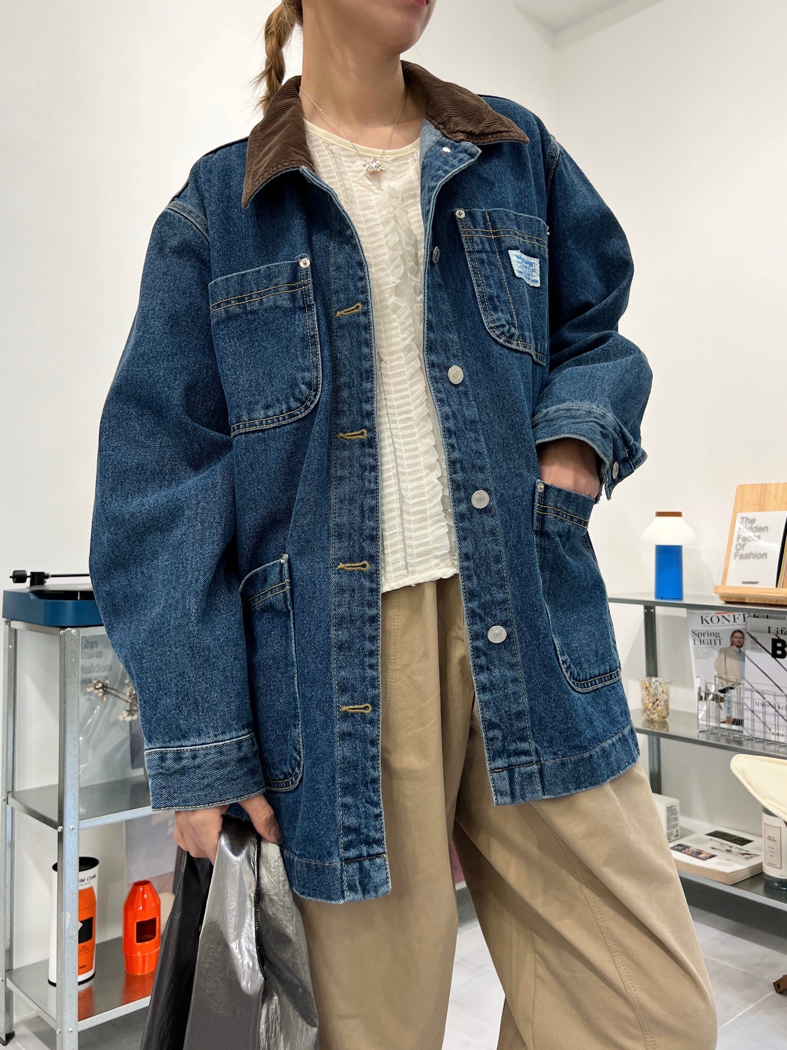 燈心絨領牛仔褸/藍