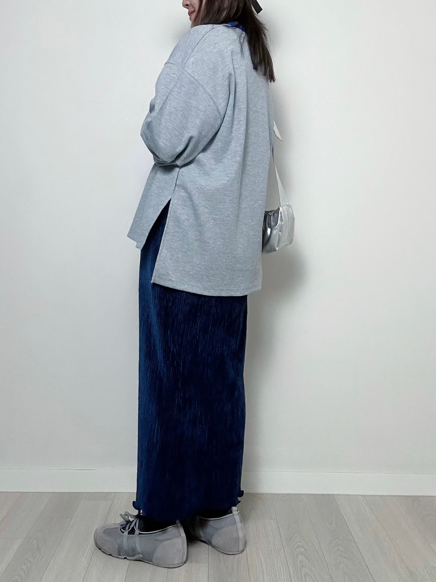 壓褶絲絨直身裙/深藍