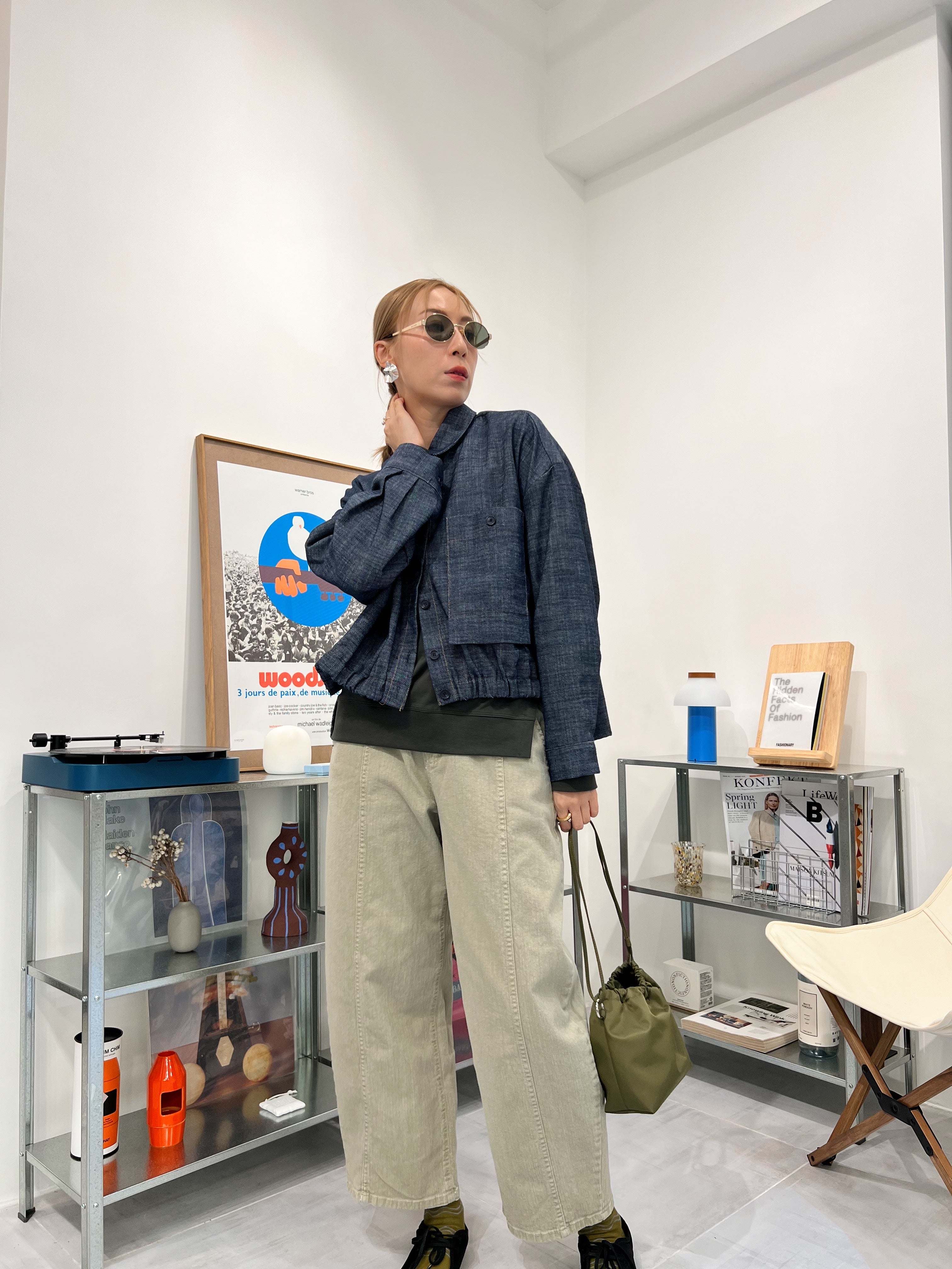 駁線牛仔褲/淺綠