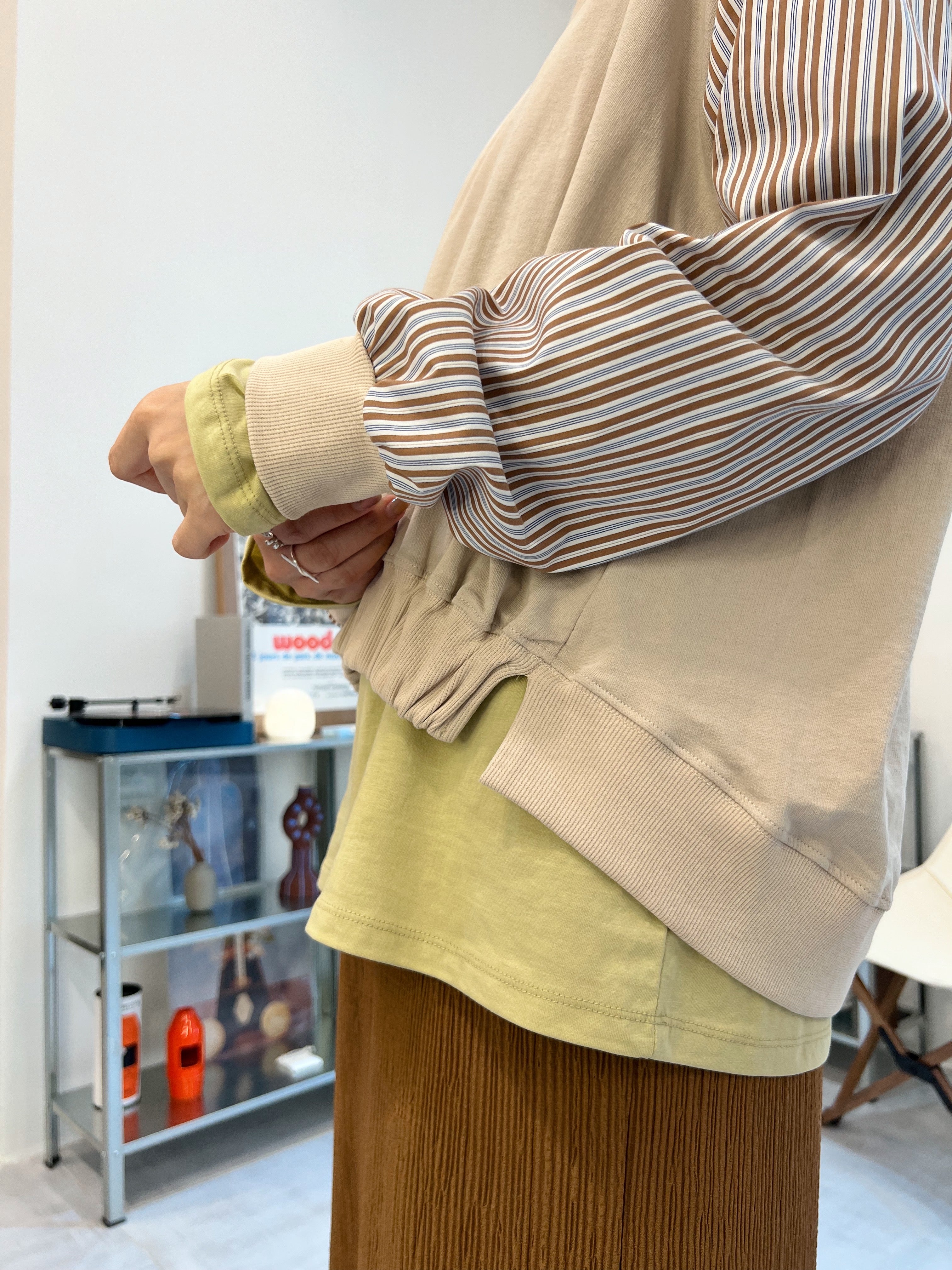 條子袖併布T-shirt/杏