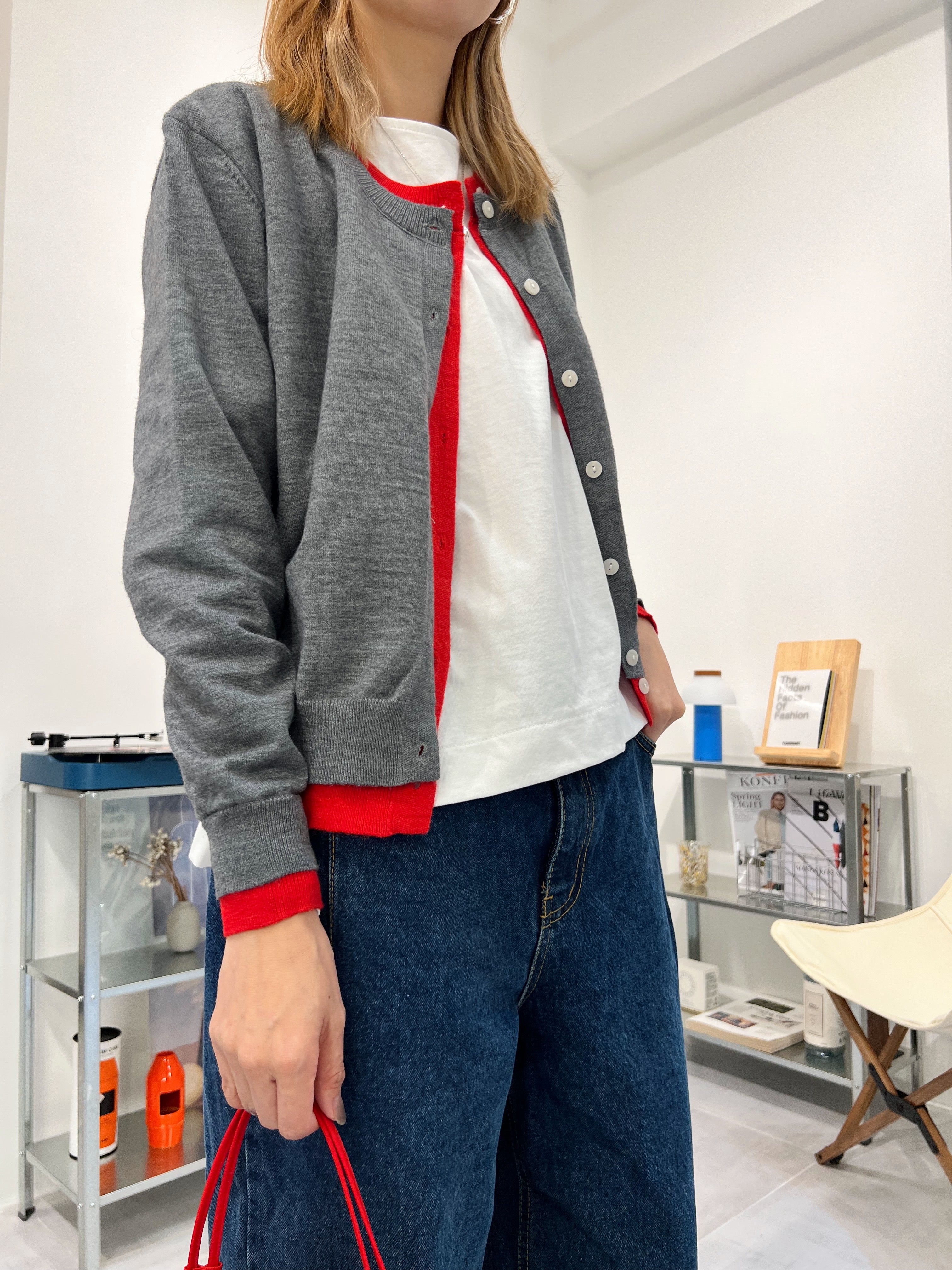 併色cardigan/灰+紅