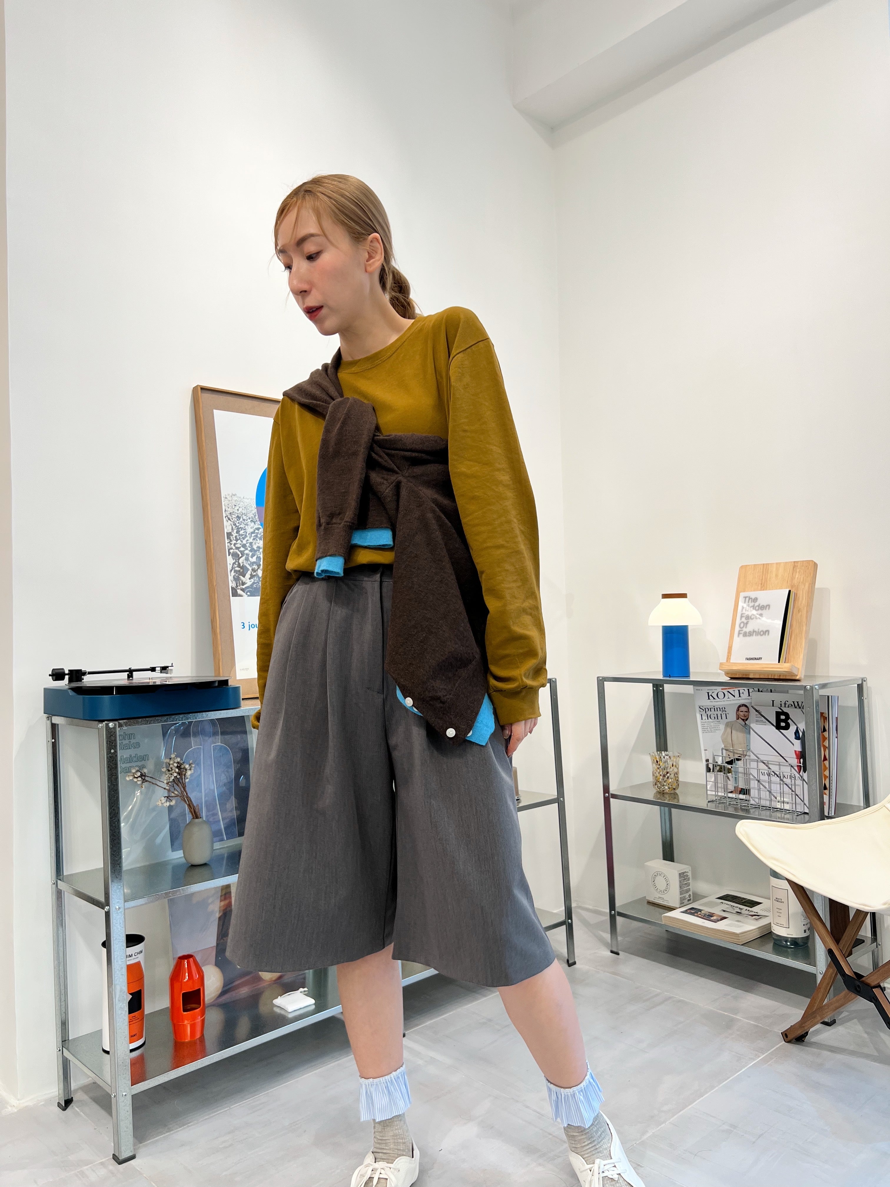 併色cardigan/啡+彩藍