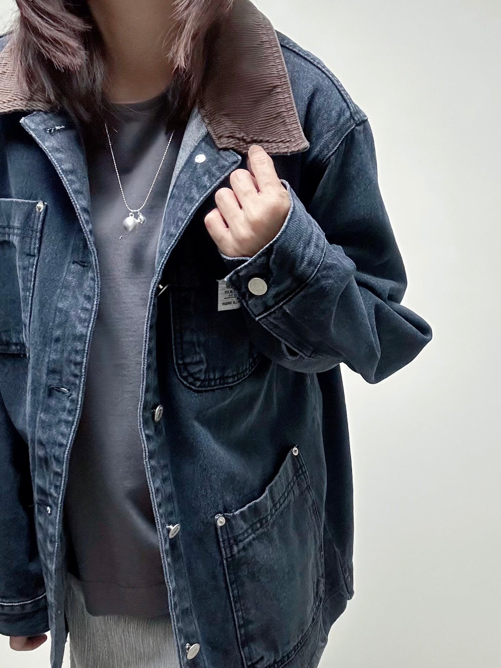 燈心絨領牛仔褸/黑