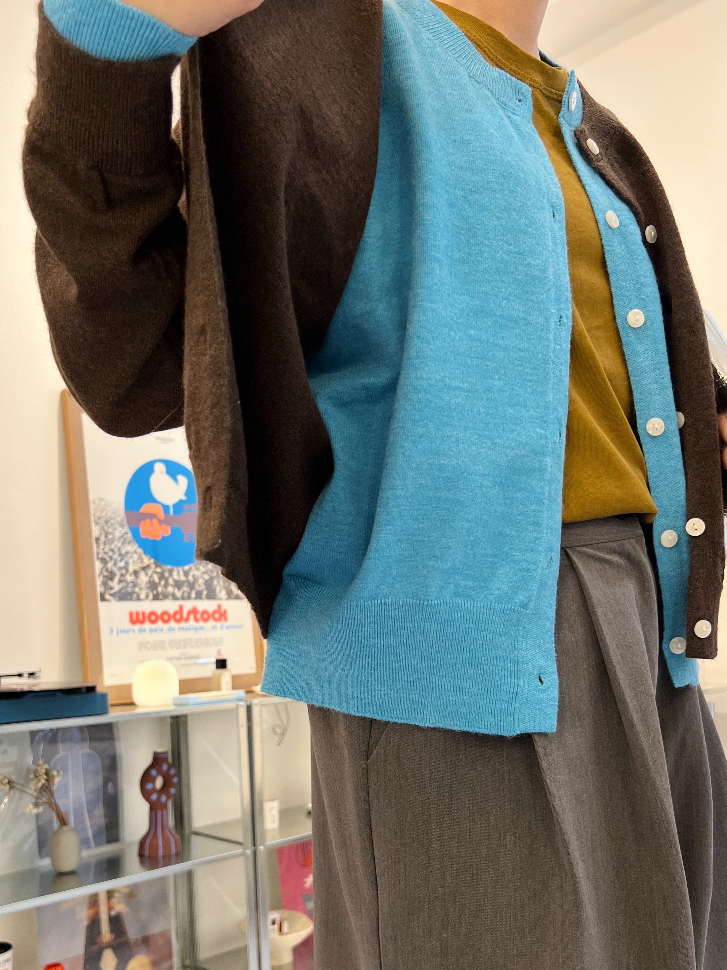 併色cardigan/啡+彩藍