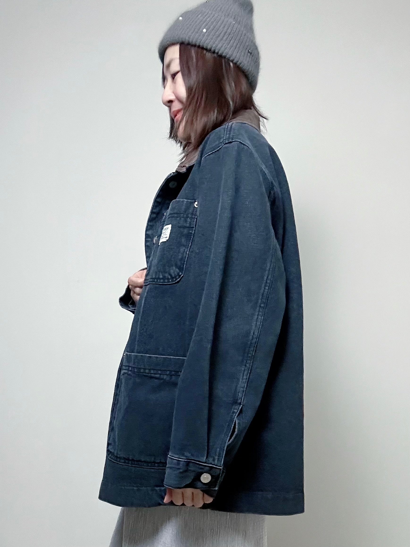 燈心絨領牛仔褸/黑