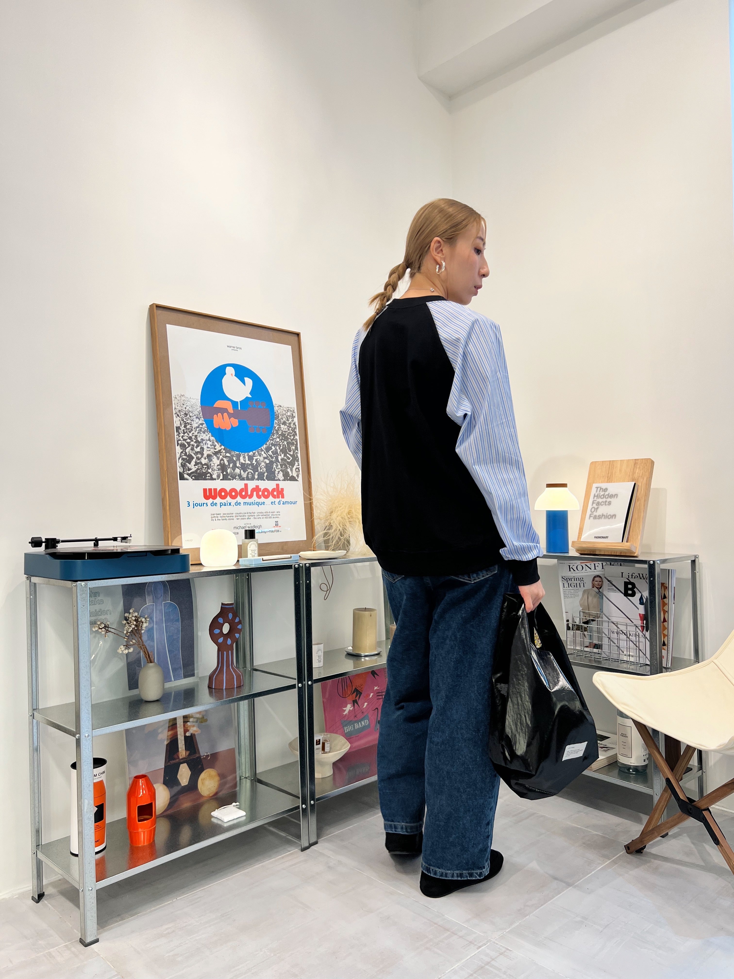 條子袖併布T-shirt/深藍