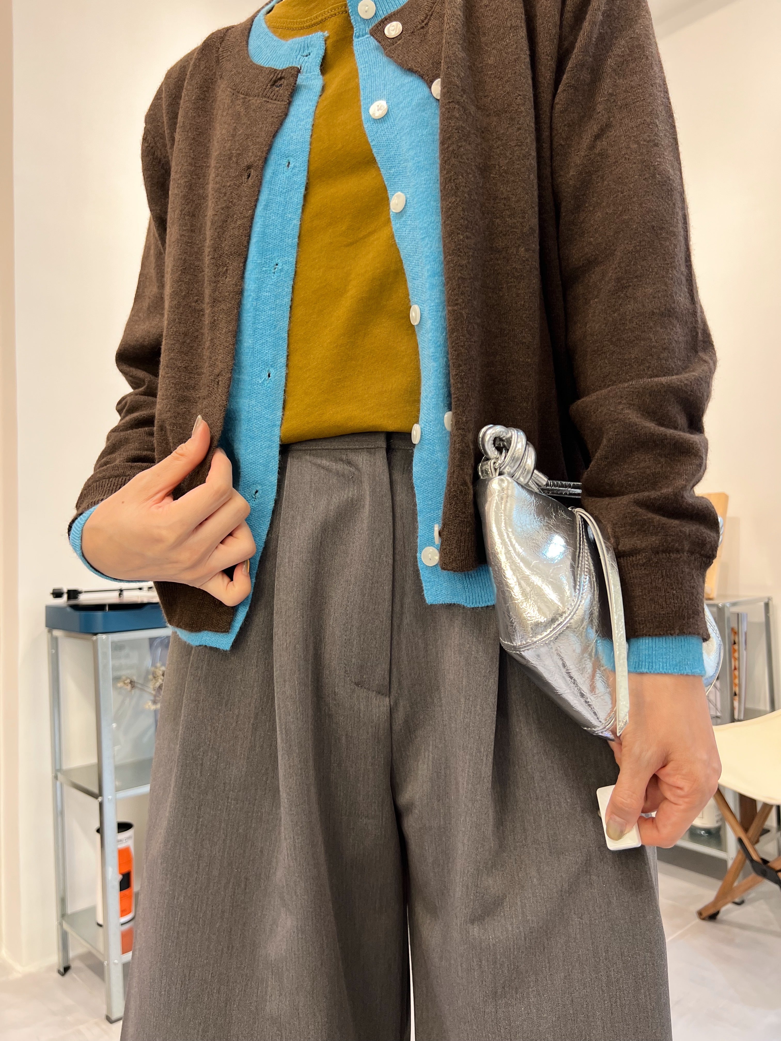 併色cardigan/啡+彩藍