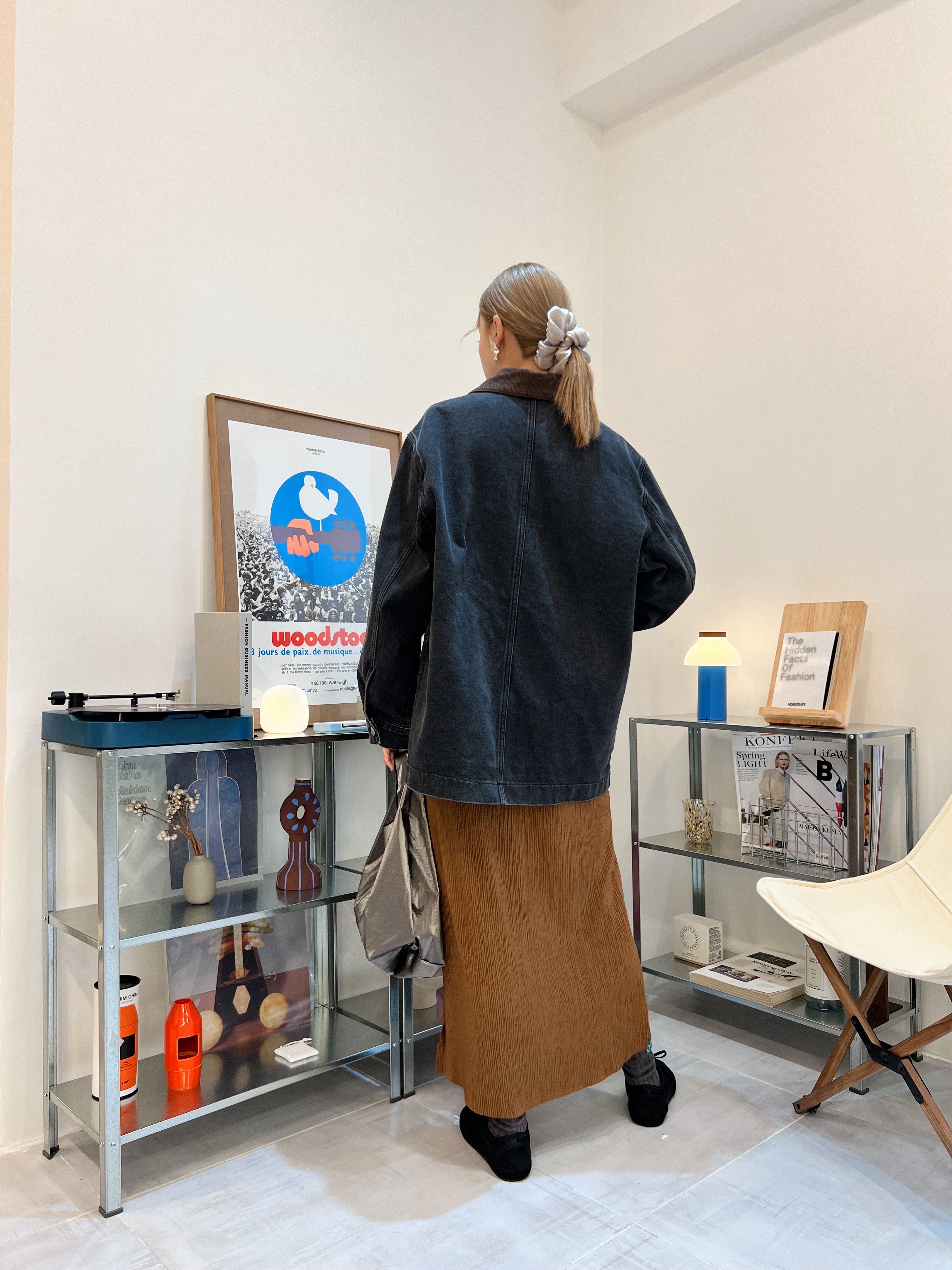 燈心絨領牛仔褸/黑