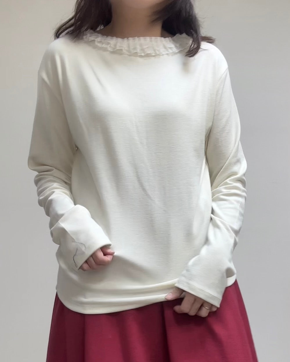 雙層網摺褶領T-shirt/米白