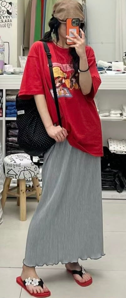 壓褶木耳腳直身裙/灰