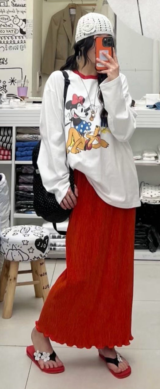 壓褶木耳腳直身裙/橙紅