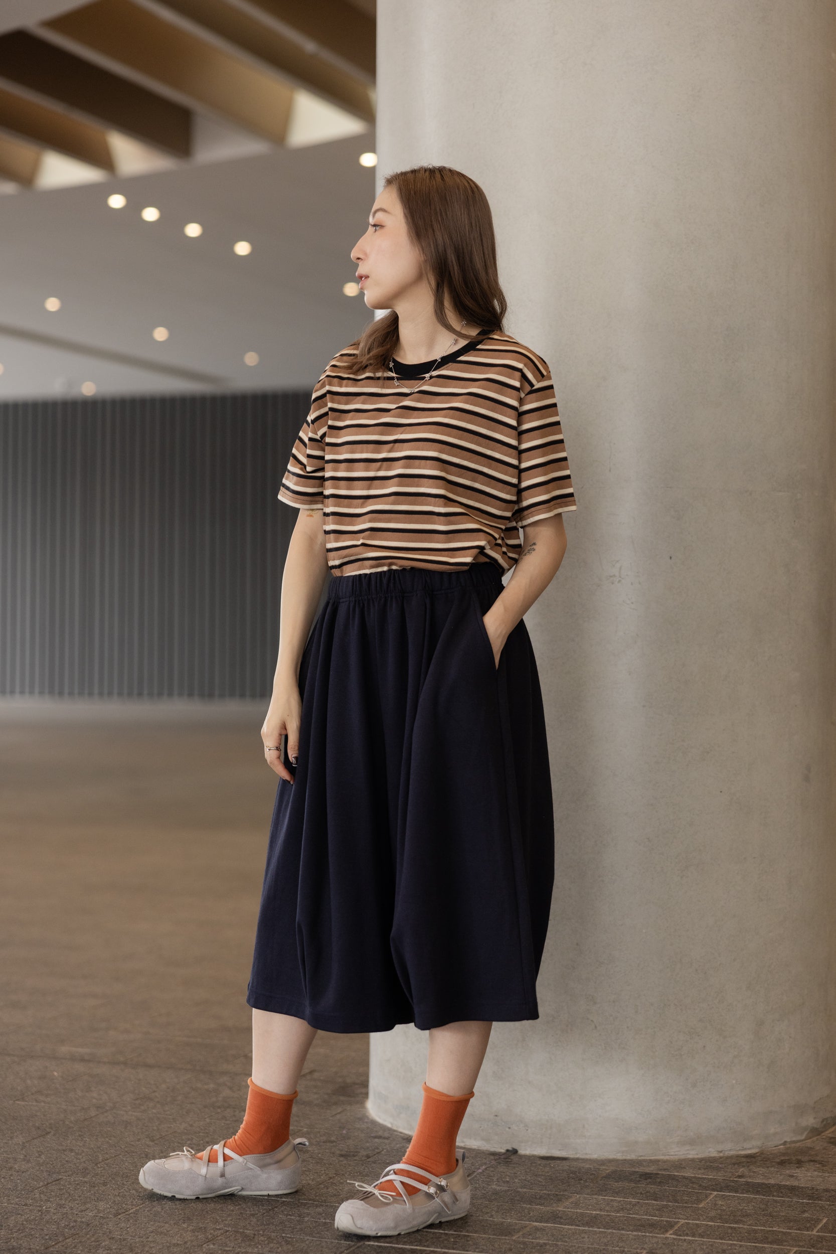 三色間條T-shirt/啡