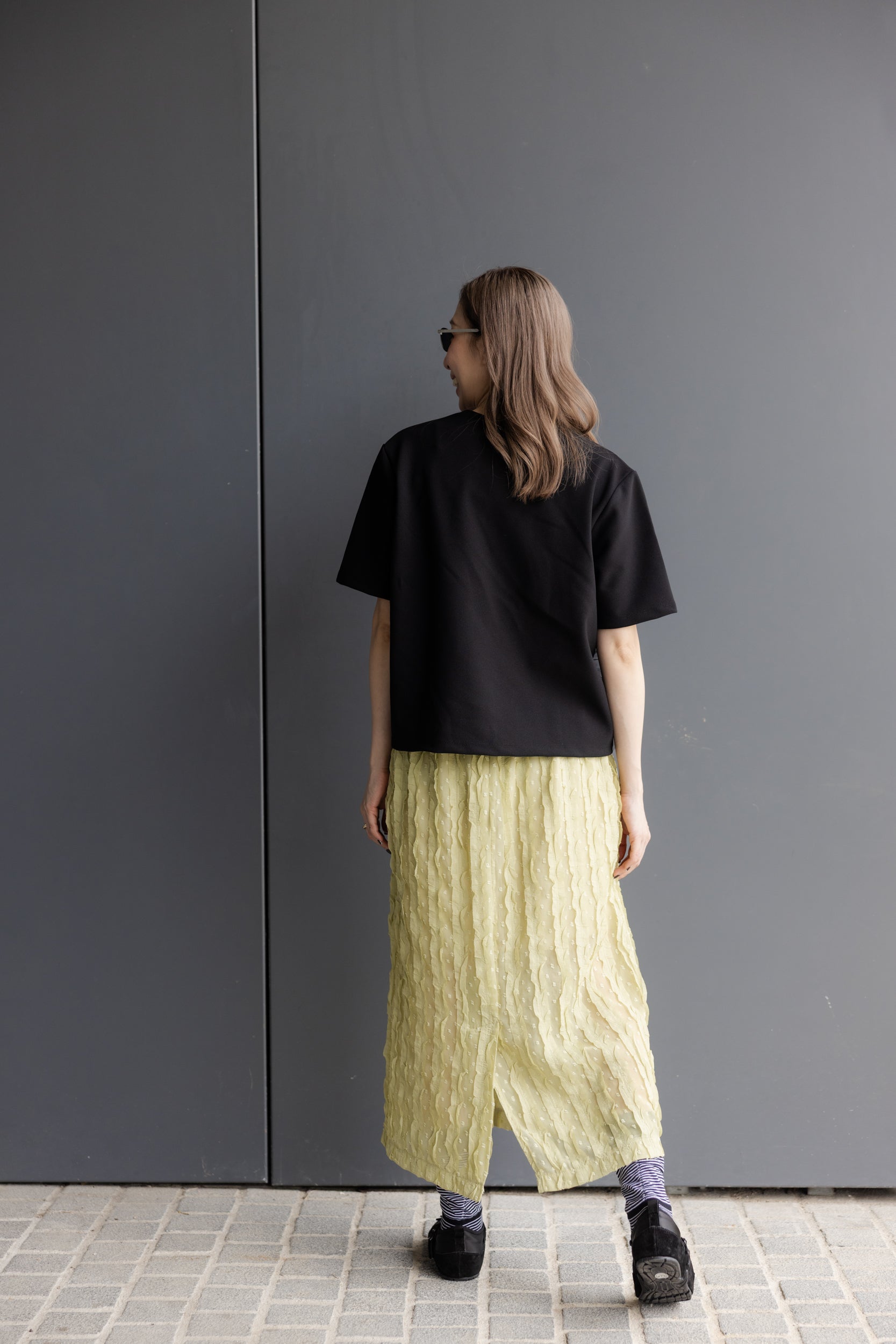 口袋邊紗RuffleT-shirt/黑