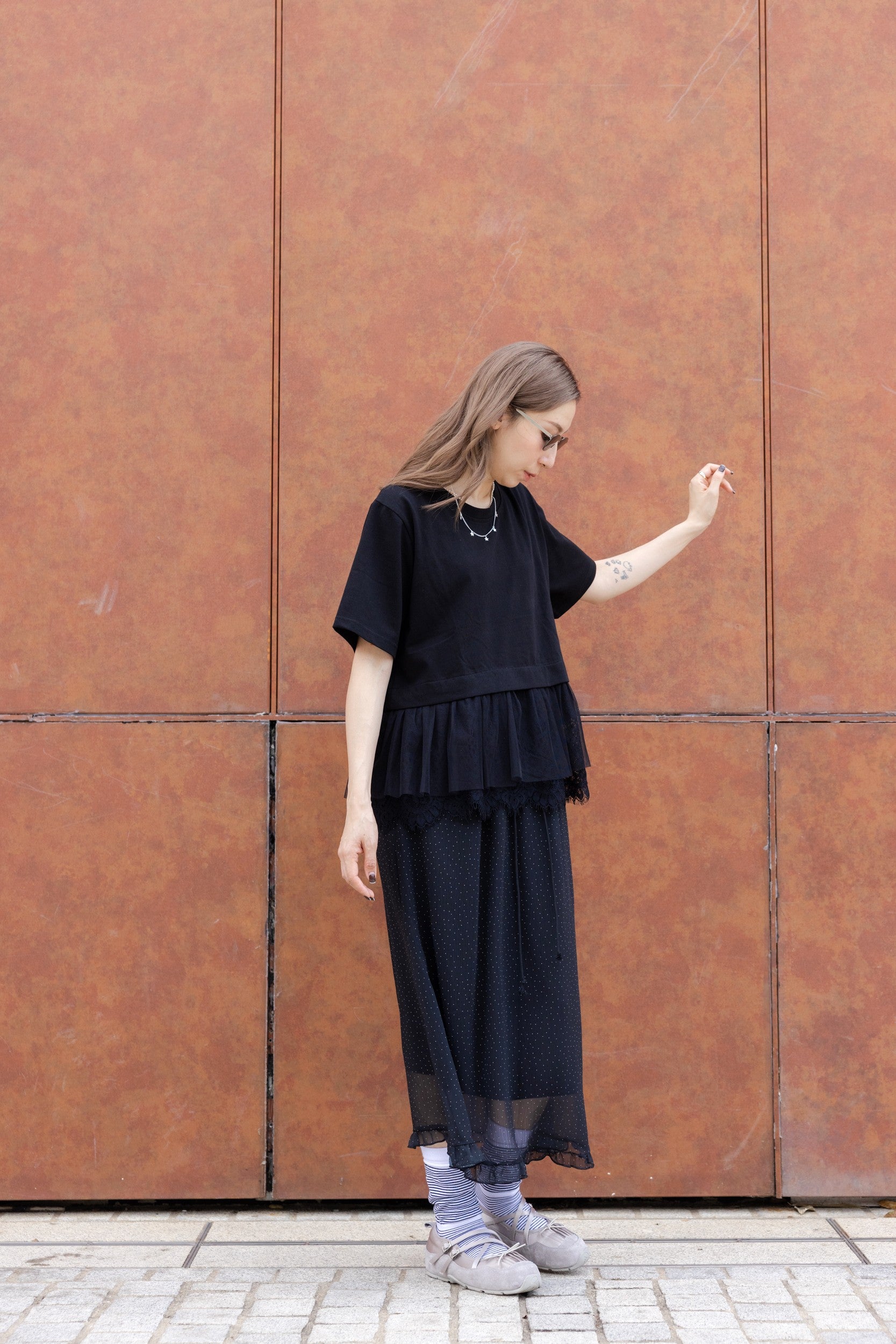 Lace網紗腳T-shirt/黑