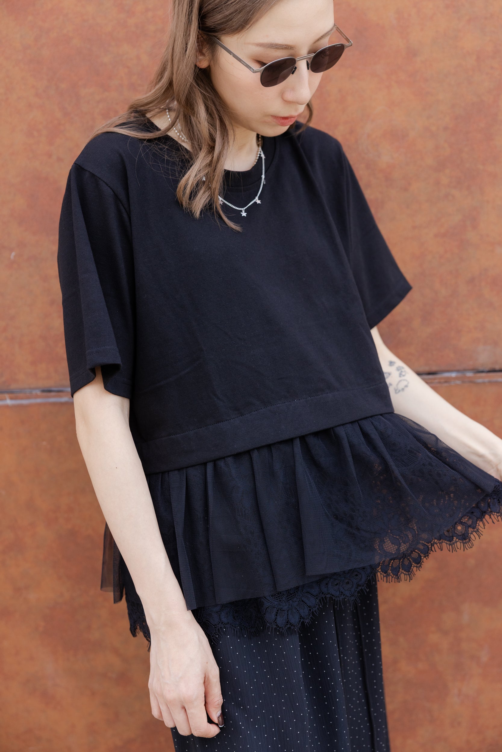 Lace網紗腳T-shirt/黑