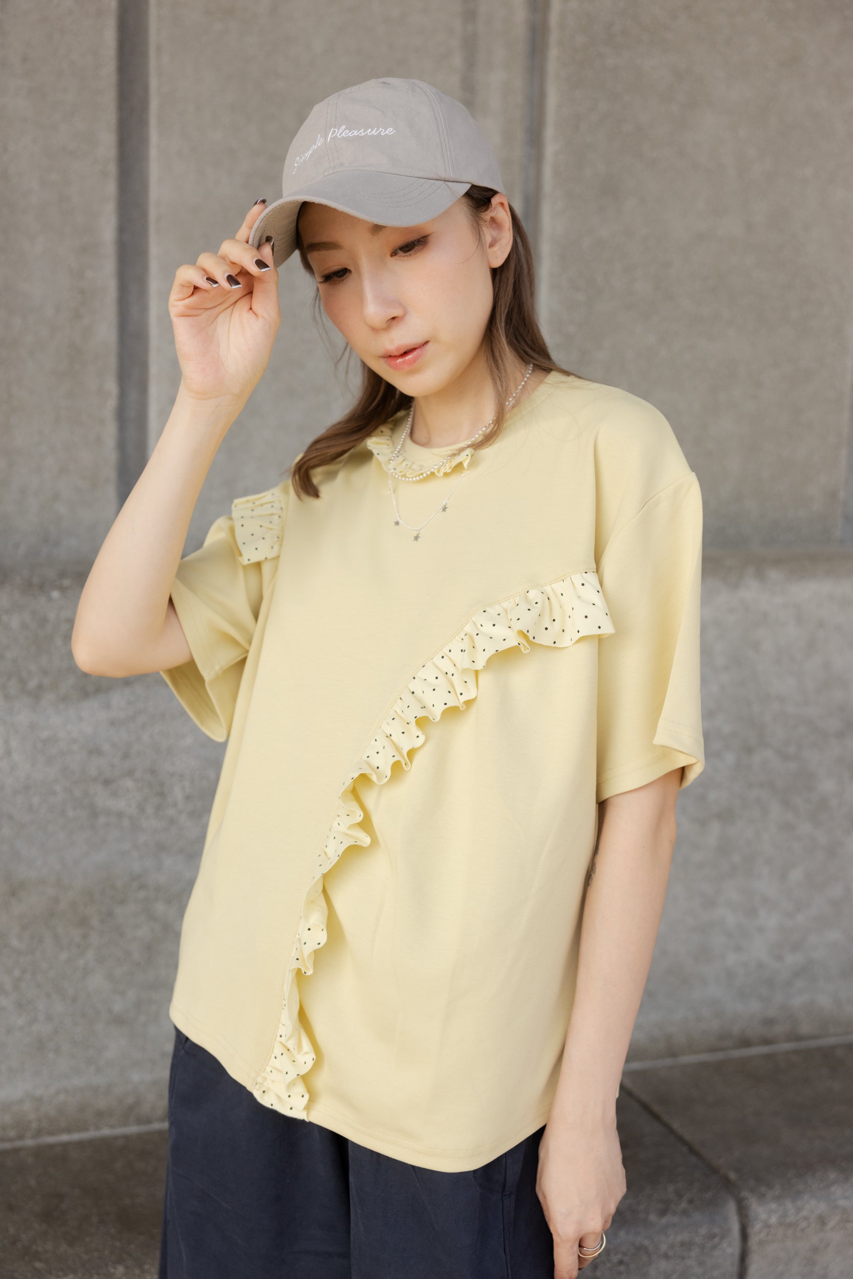 波點縮褶邊T-shirt/黃