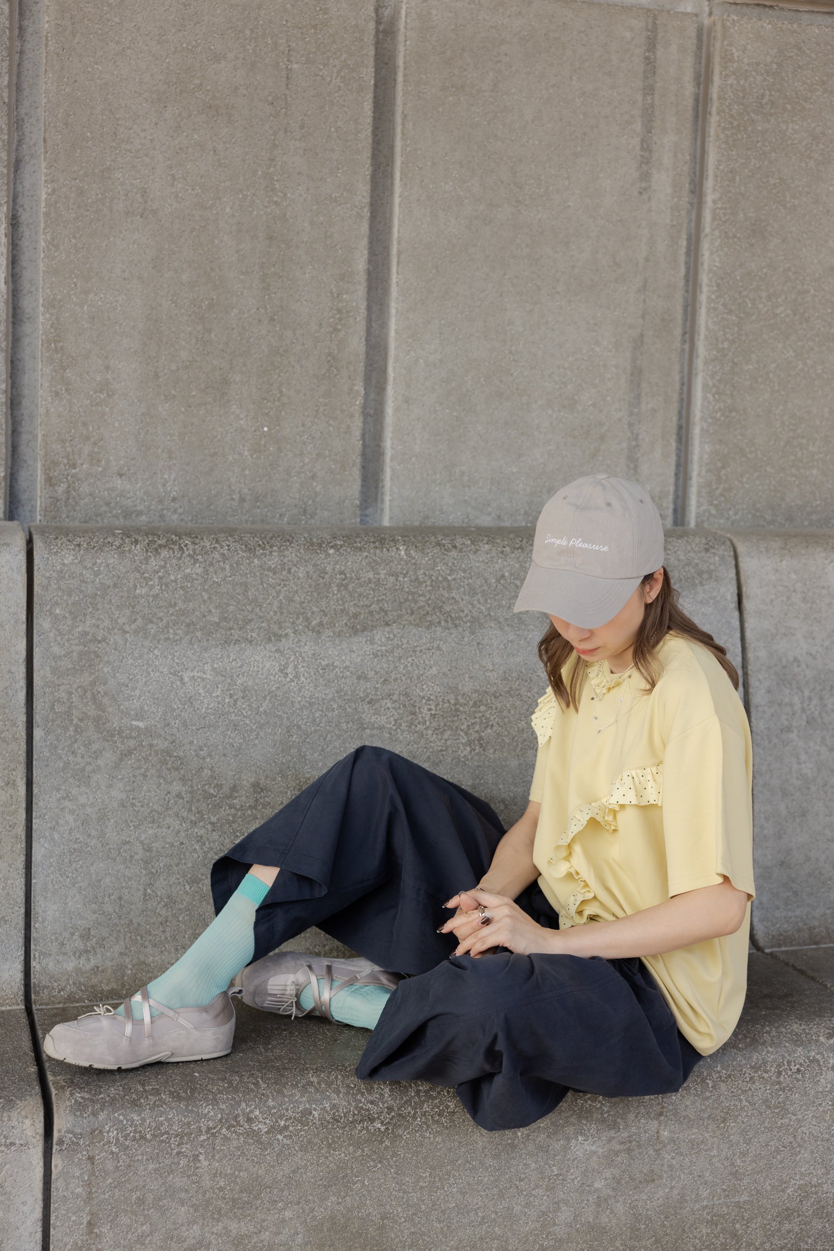 闊身駁線直腳褲/深藍