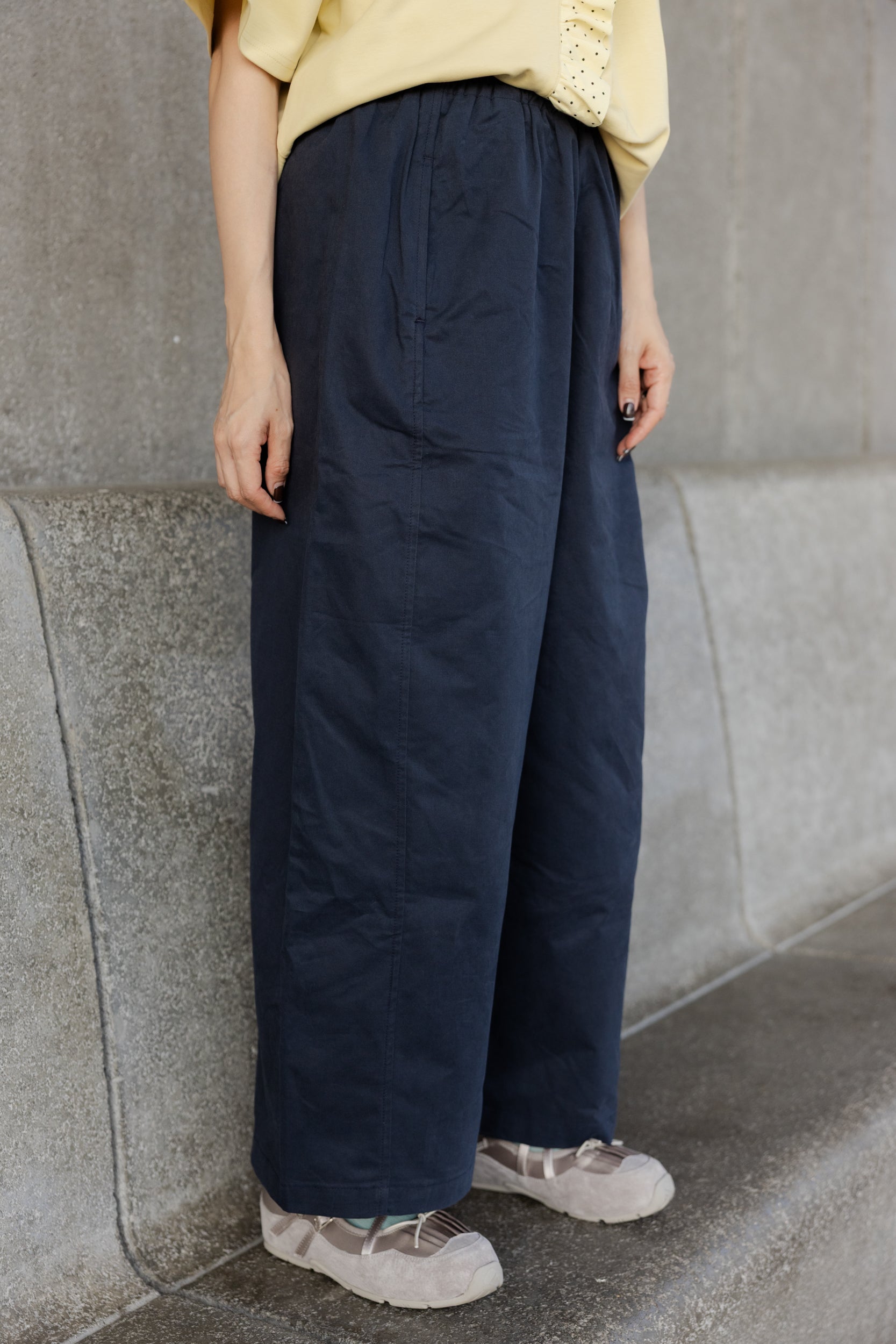 闊身駁線直腳褲/深藍