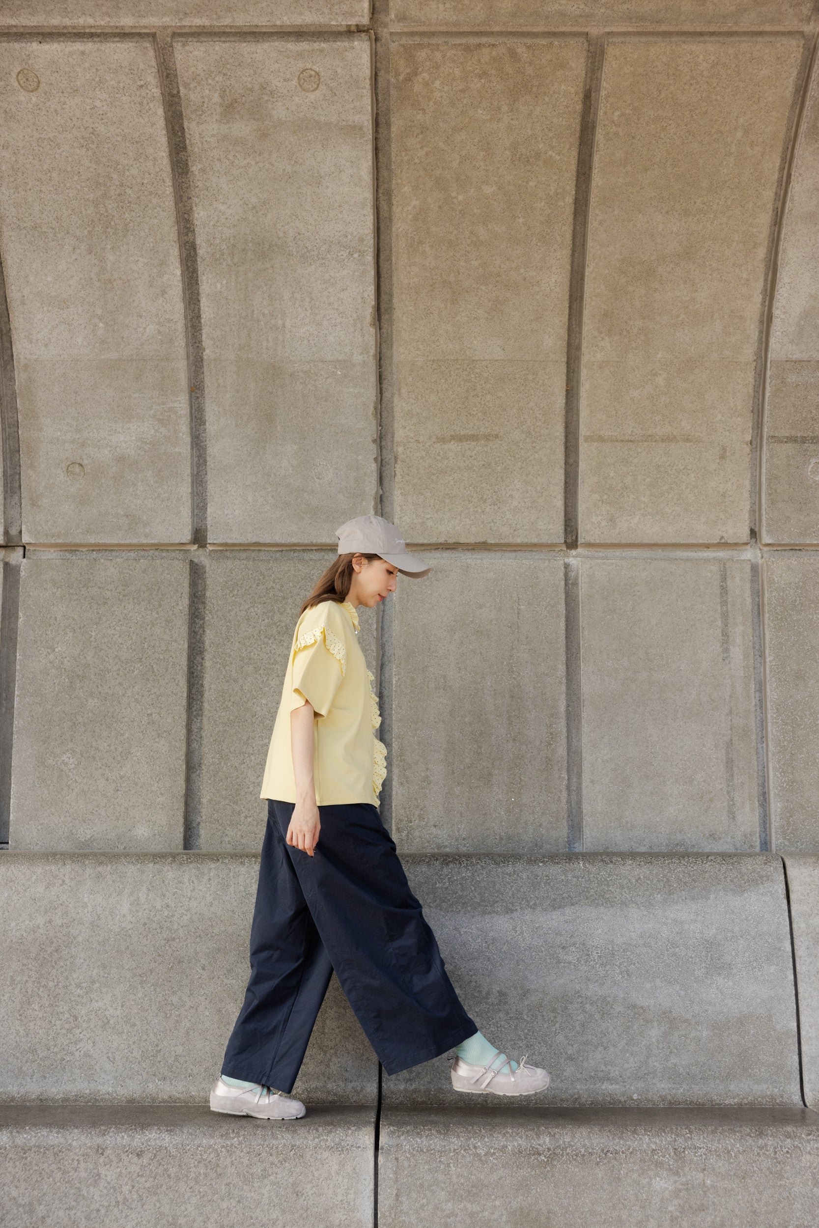 闊身駁線直腳褲/深藍