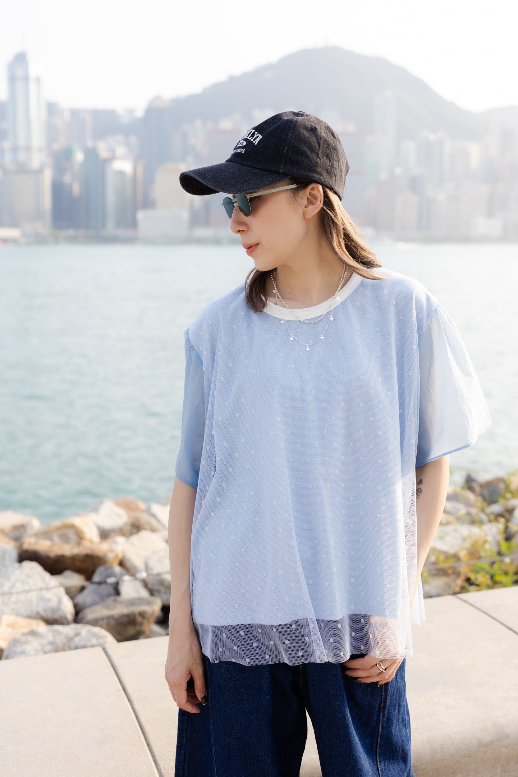 點點網紗袖撞布T-shirt/淺藍