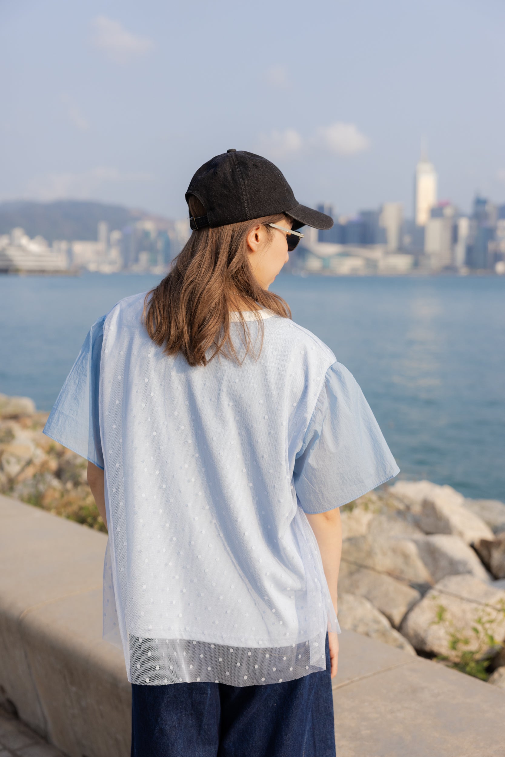 點點網紗袖撞布T-shirt/淺藍