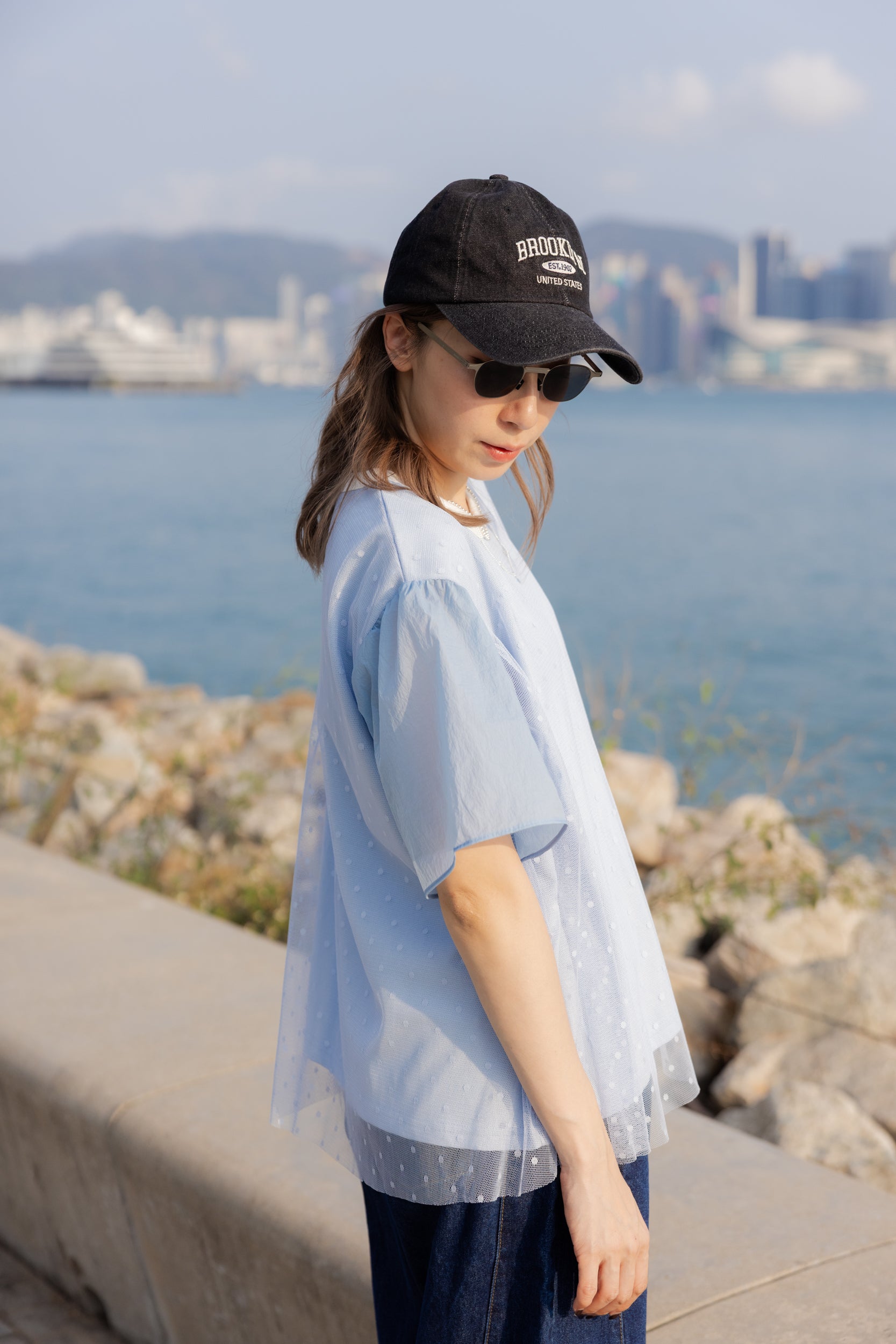 點點網紗袖撞布T-shirt/淺藍