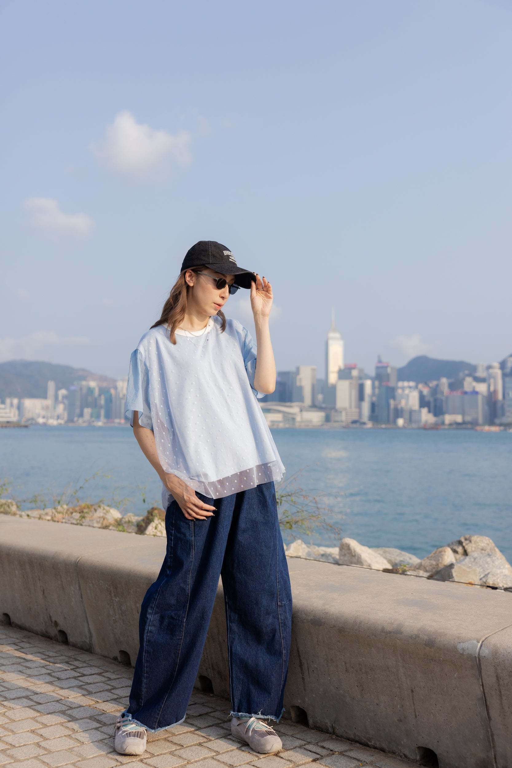 點點網紗袖撞布T-shirt/淺藍