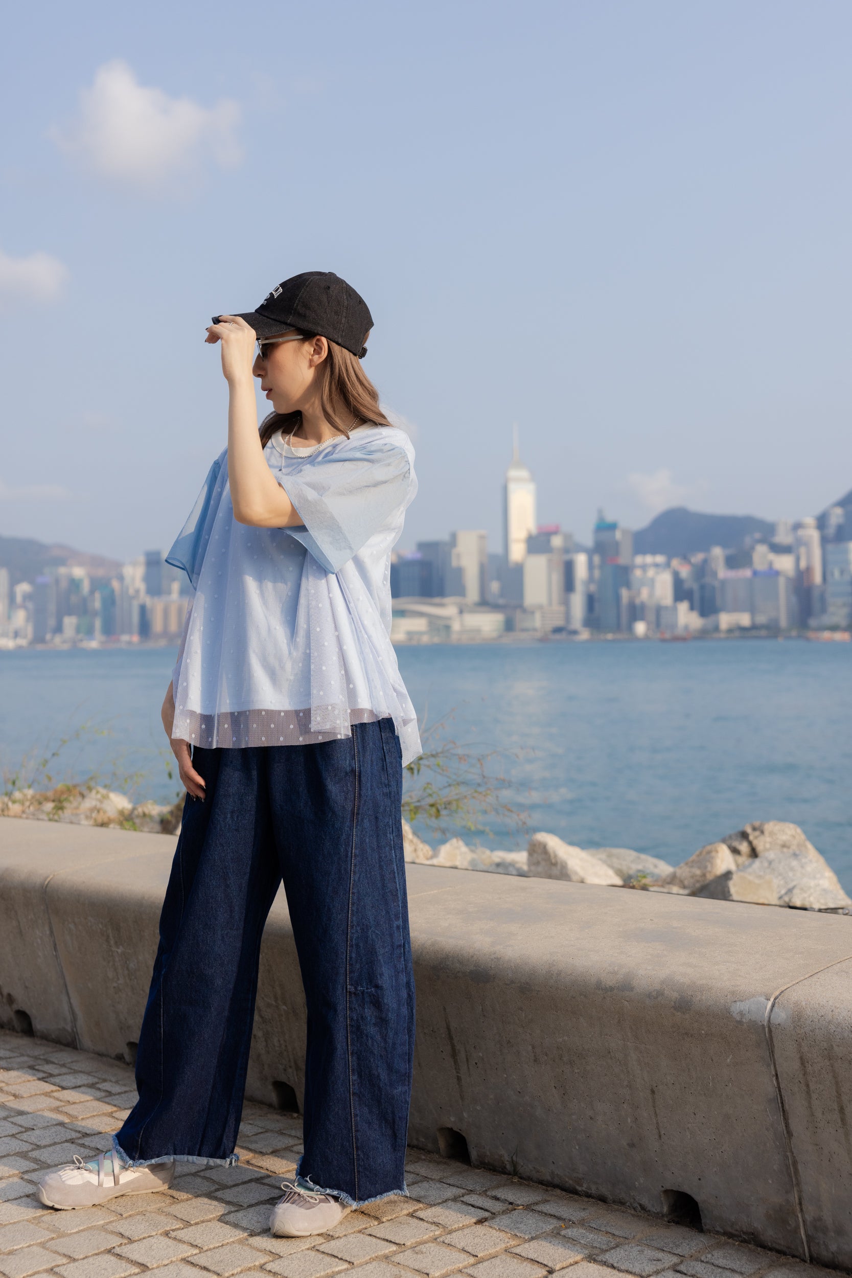 點點網紗袖撞布T-shirt/淺藍