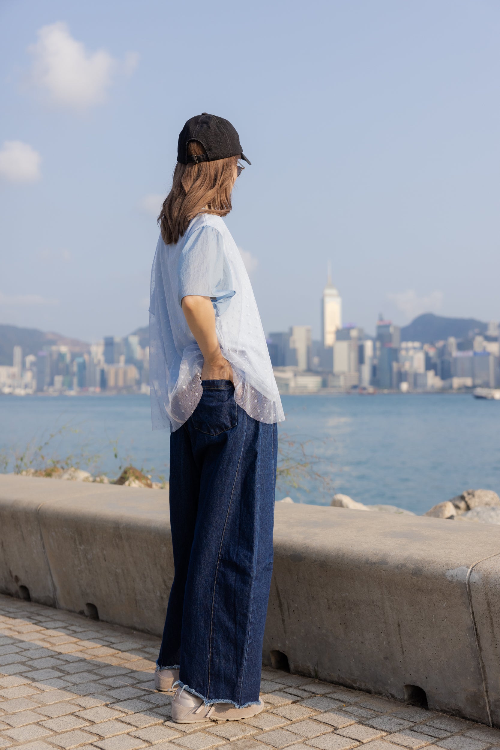 點點網紗袖撞布T-shirt/淺藍