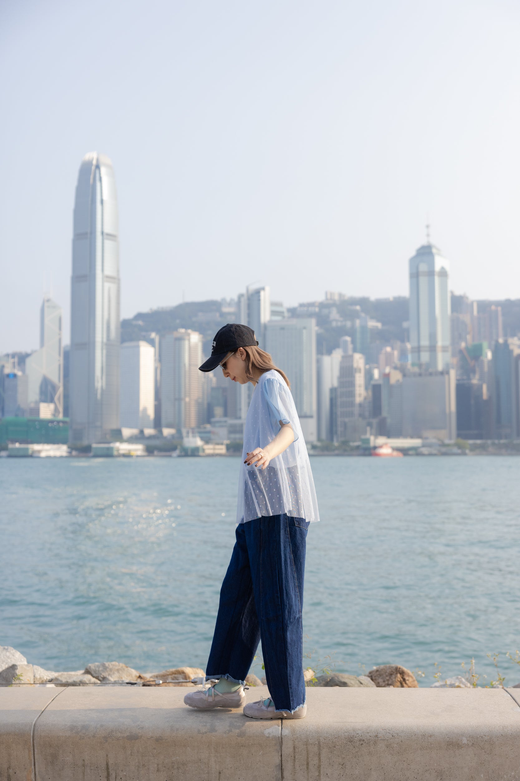 點點網紗袖撞布T-shirt/淺藍