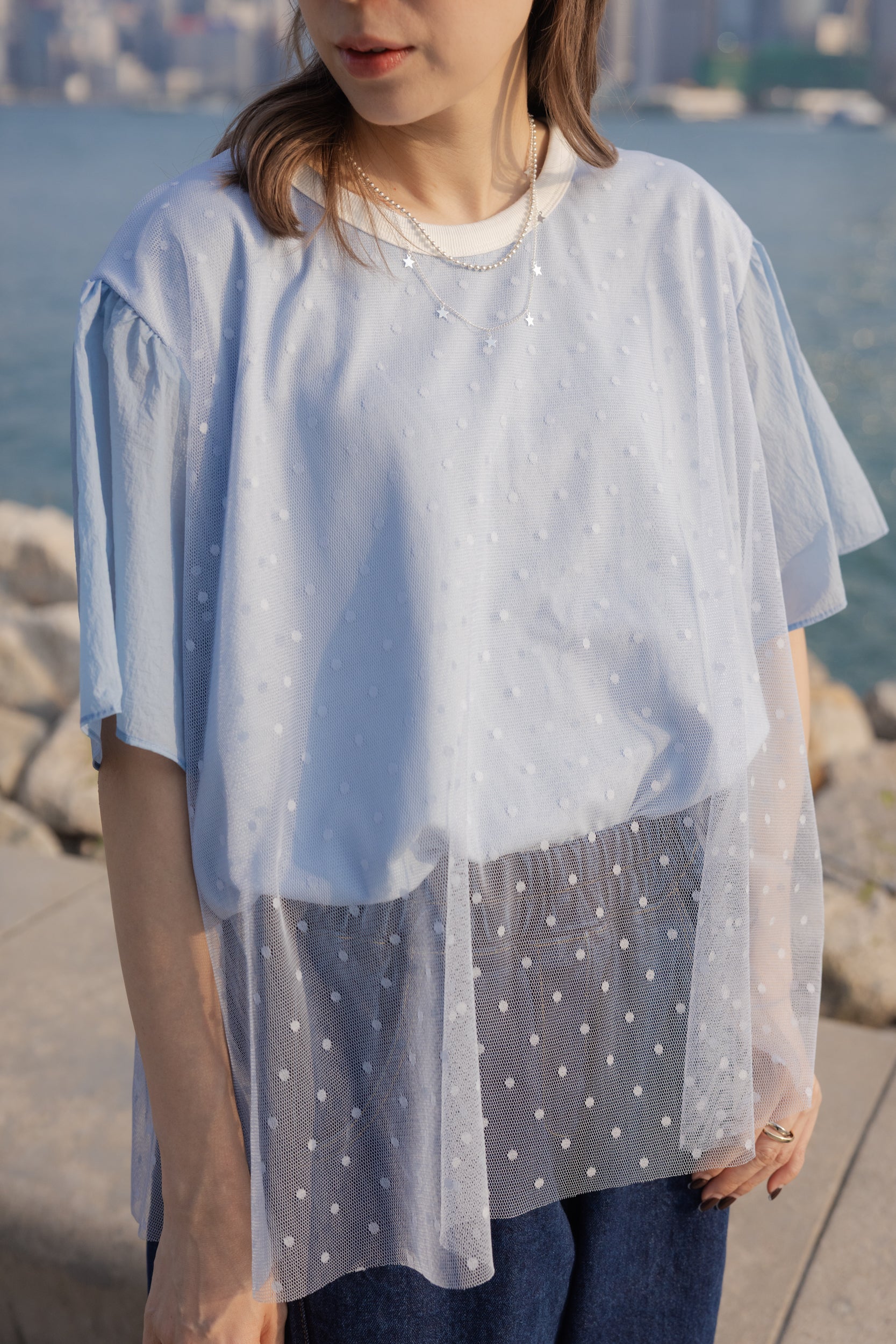 點點網紗袖撞布T-shirt/淺藍