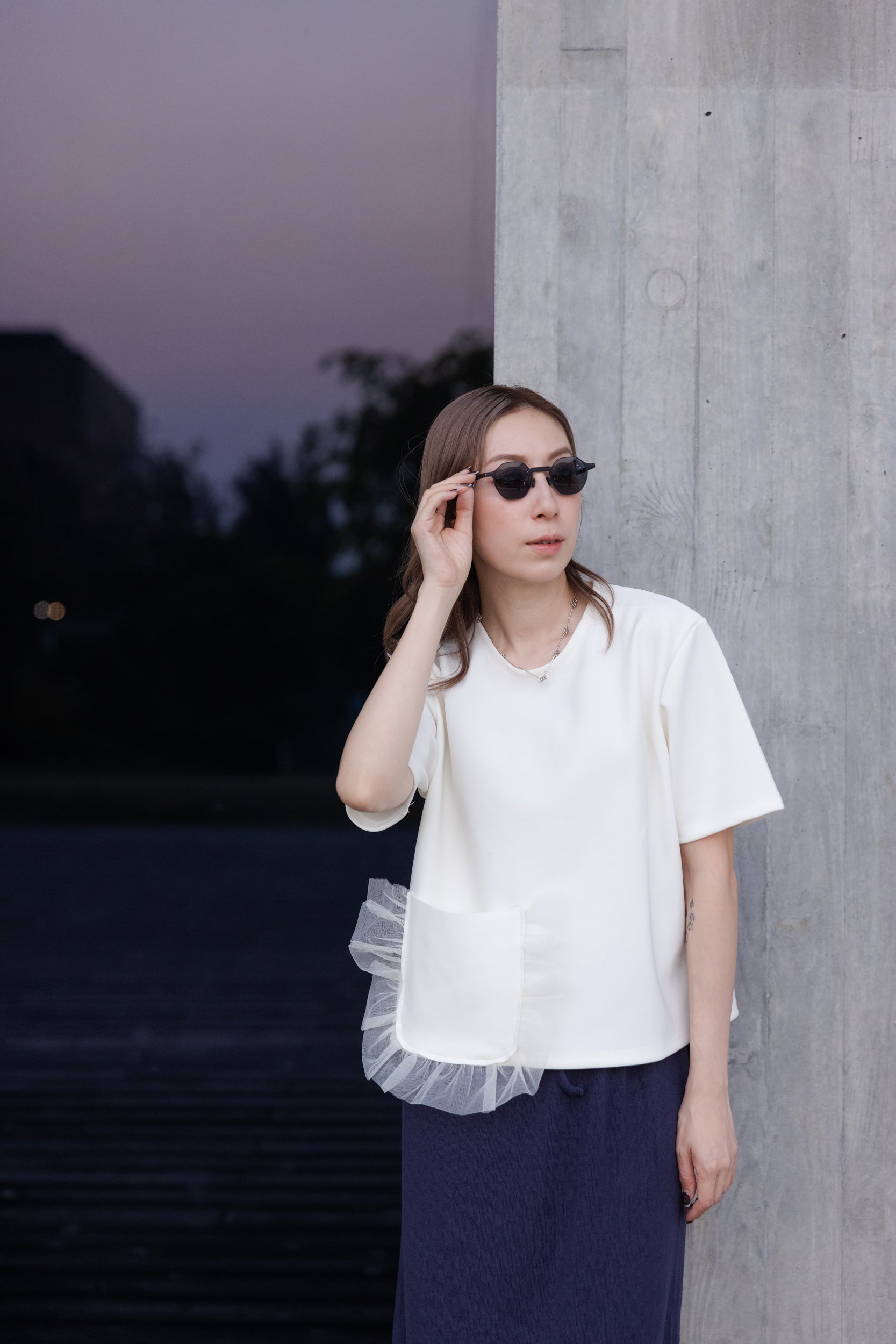 口袋邊紗RuffleT-shirt/米白