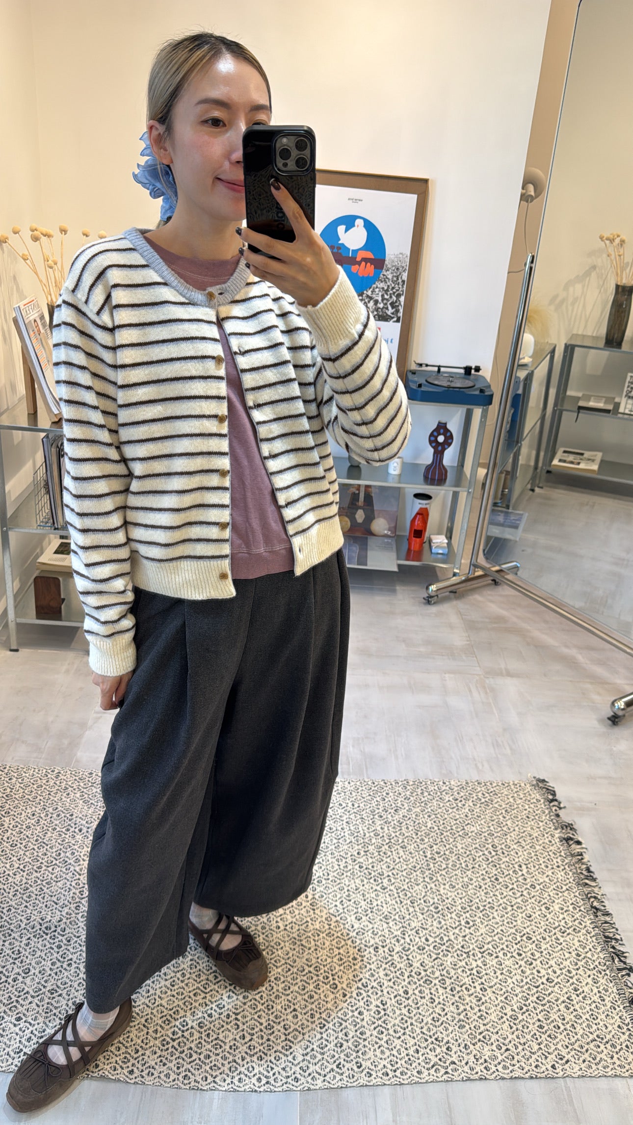 雙色間條cardigan/白+灰