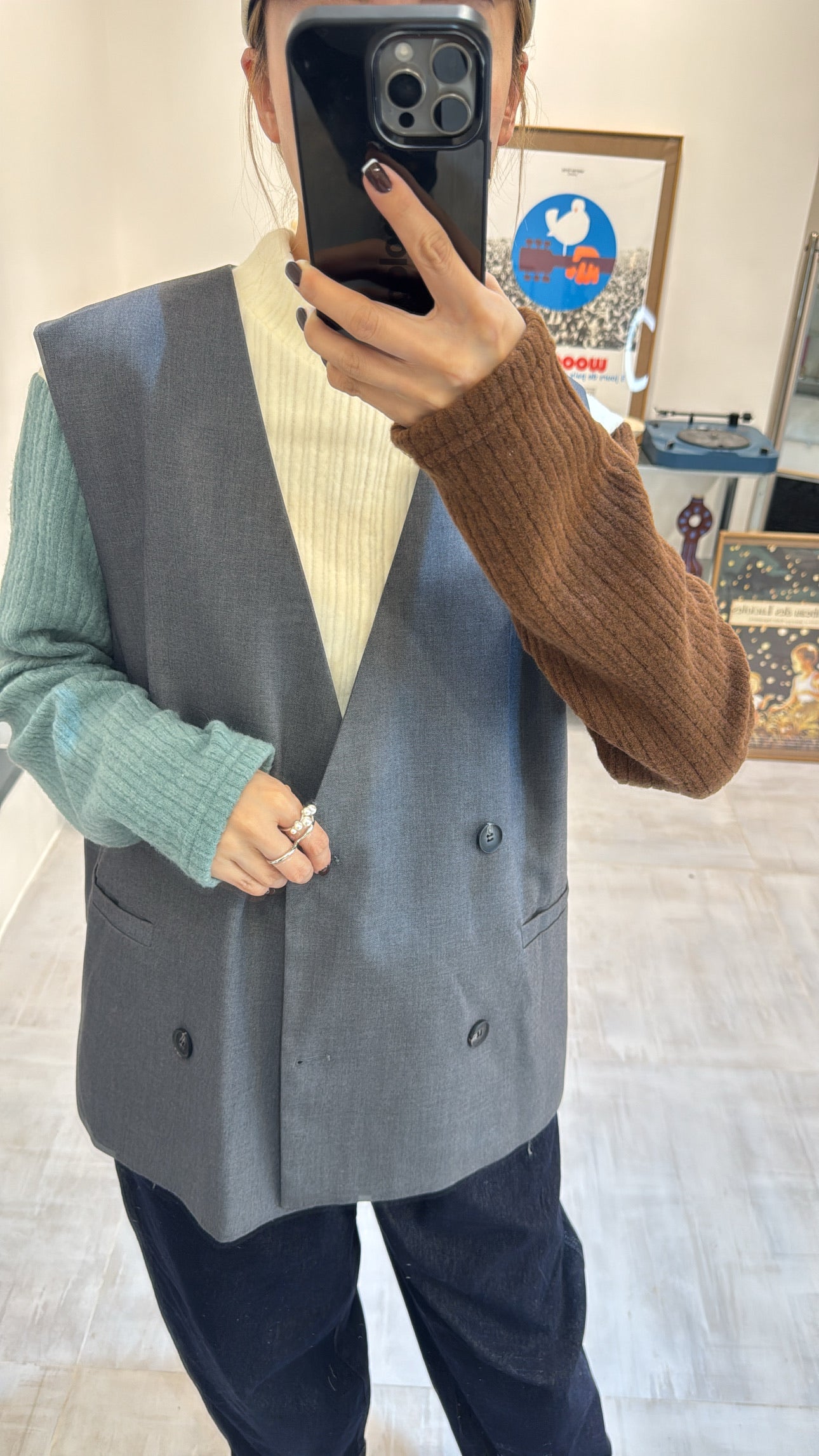 兩袖併色小企領T-shirt/米白