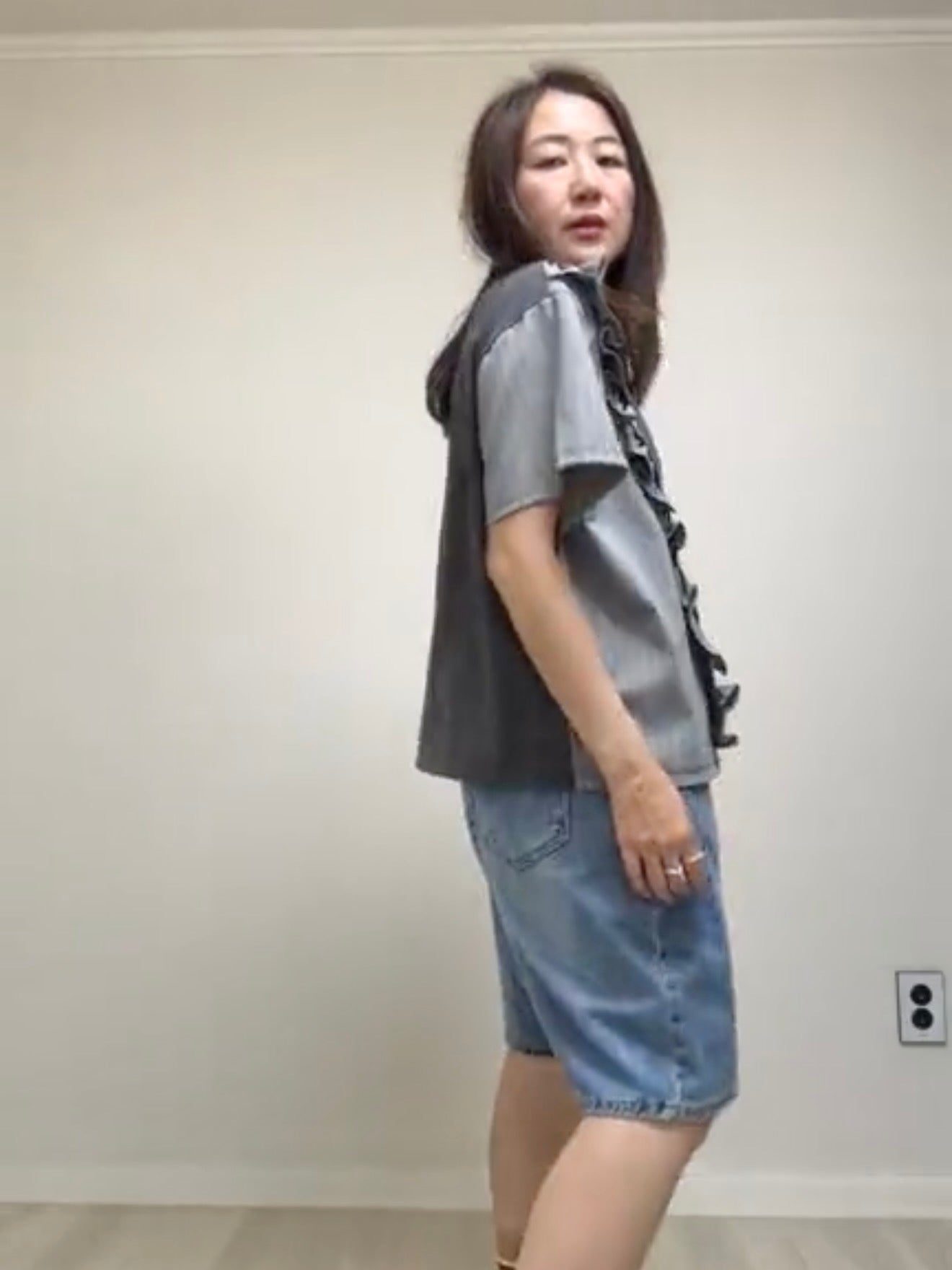 條子布料併布T-shirt/灰