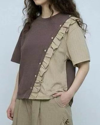 條子布料併布T-shirt/朱古力