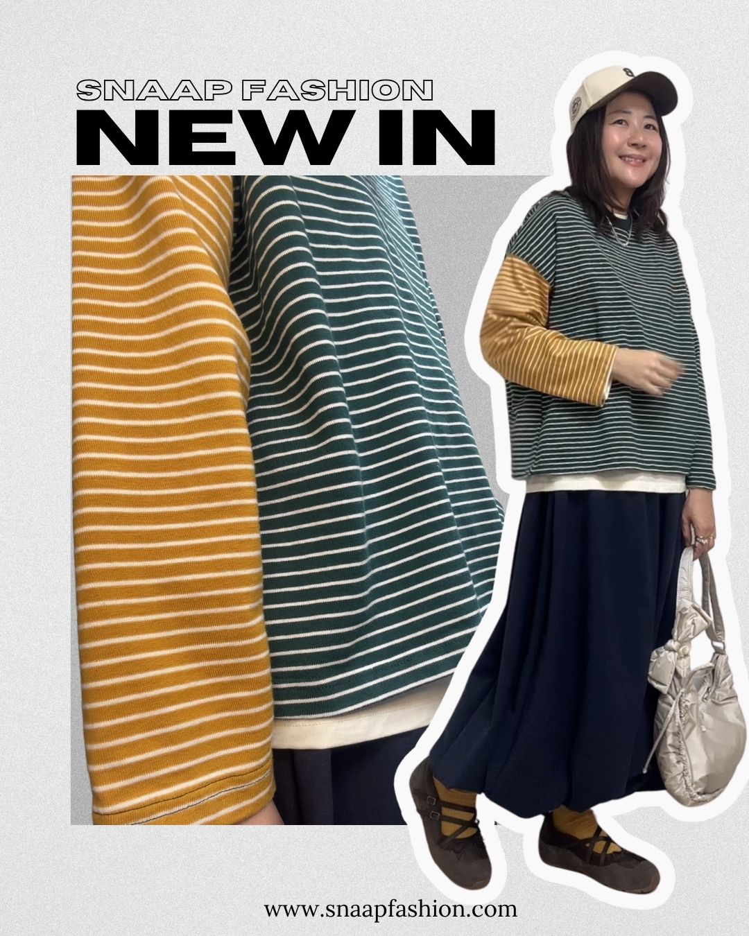 撞色袖間條T-shirt/深綠+橘子