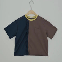 網布Ruffle撞色領T-shirt/深藍+啡