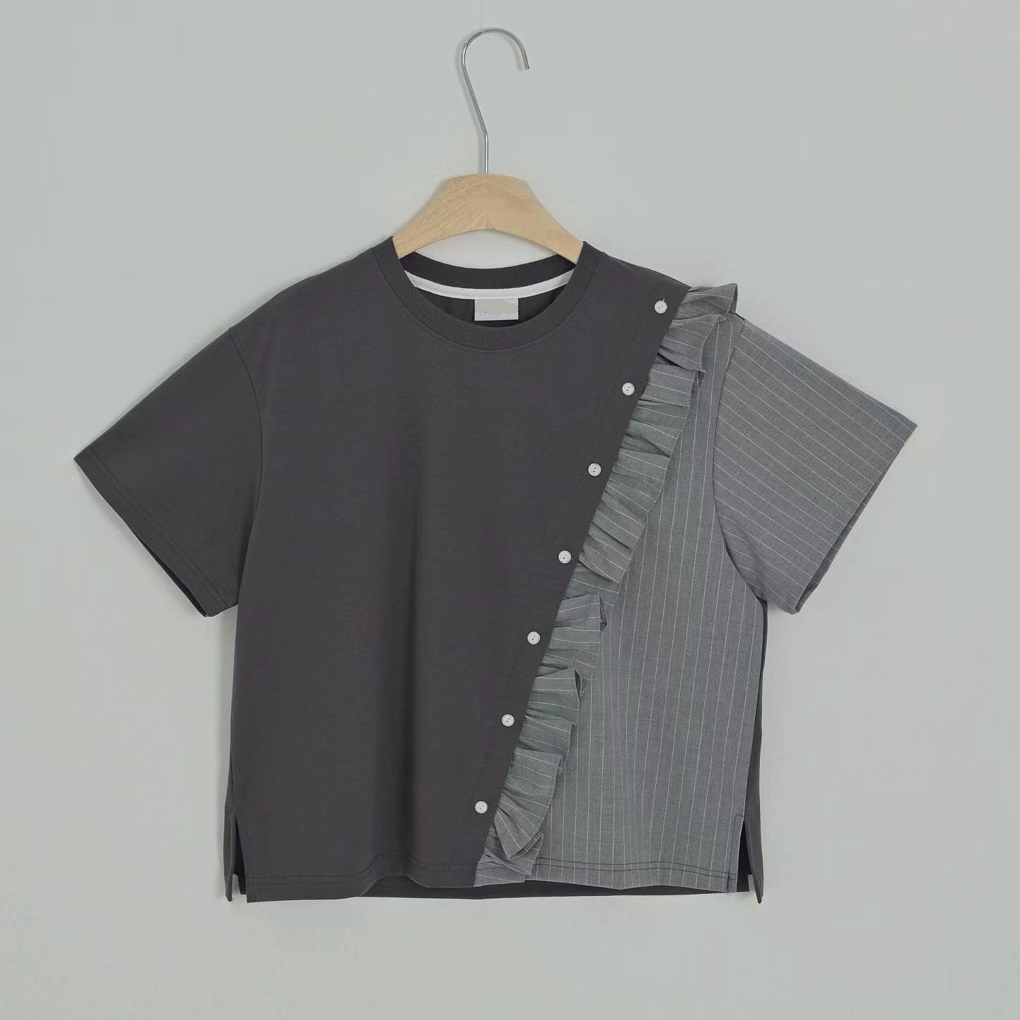 條子布料併布T-shirt/灰