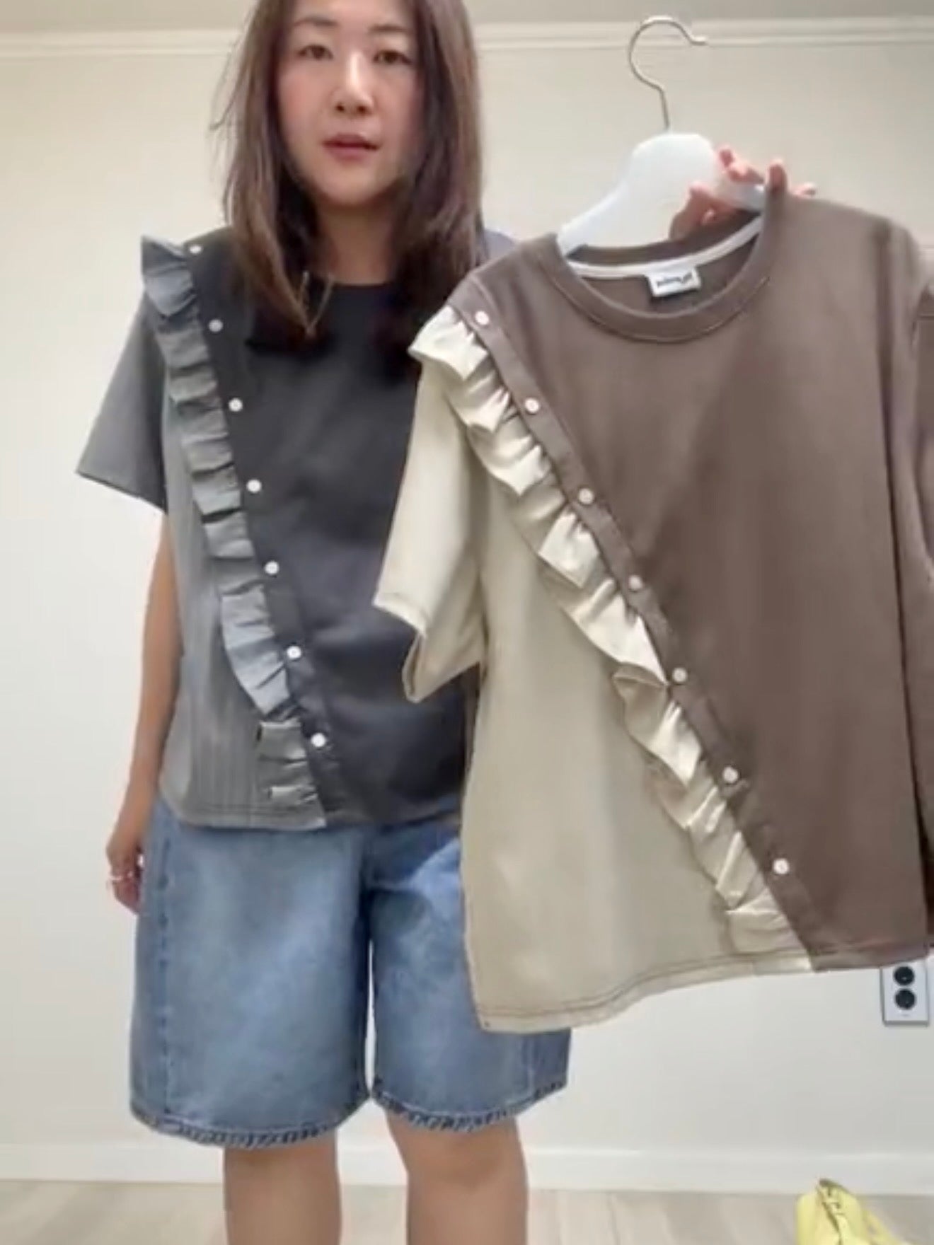 條子布料併布T-shirt/灰