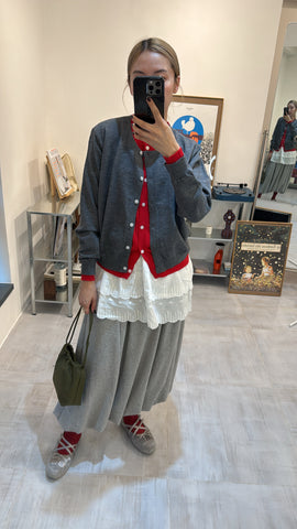 併色cardigan/灰+紅
