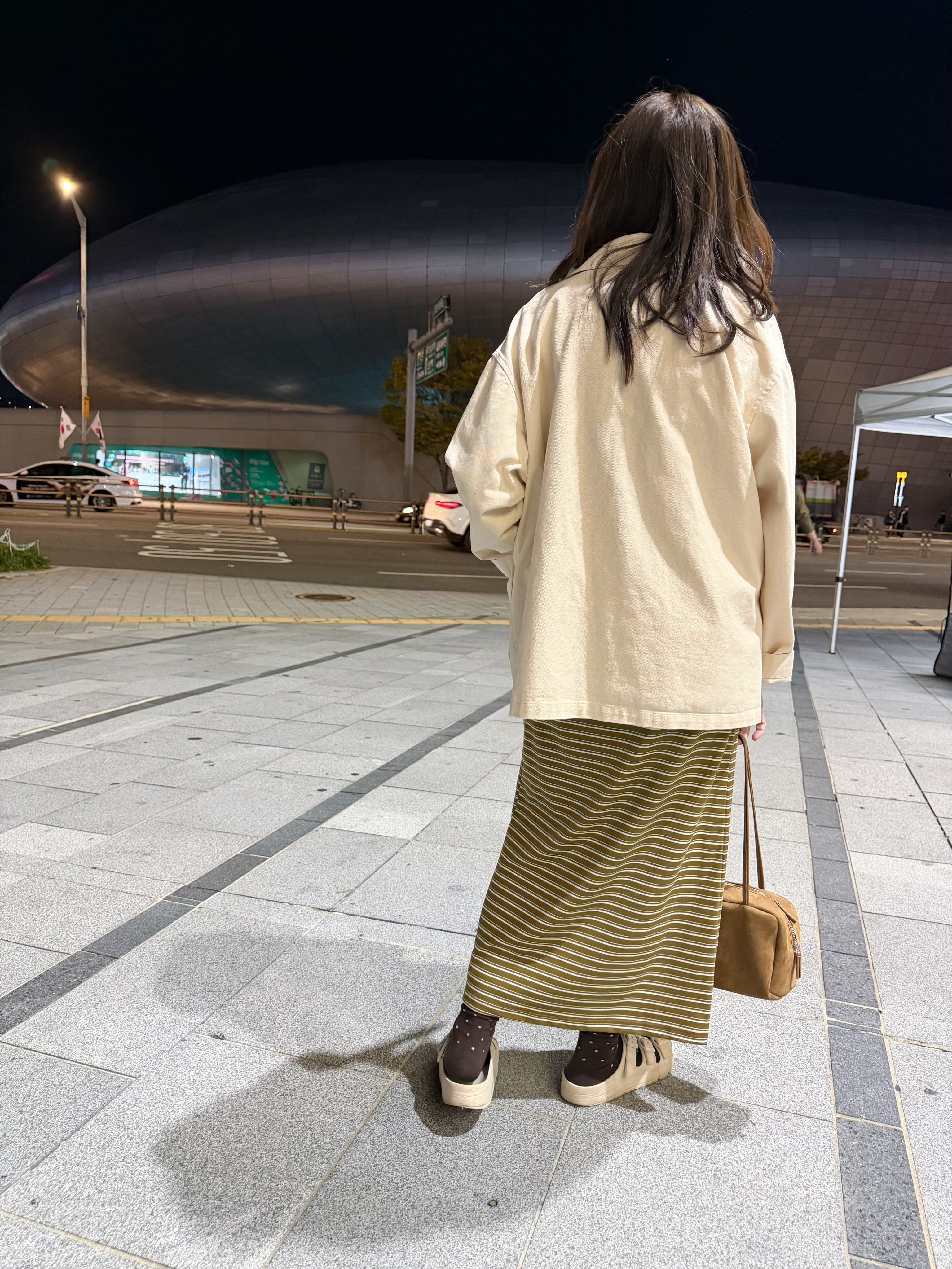 間條彈性直身裙/橄欖