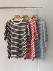 簡約間條T-shirt/紅