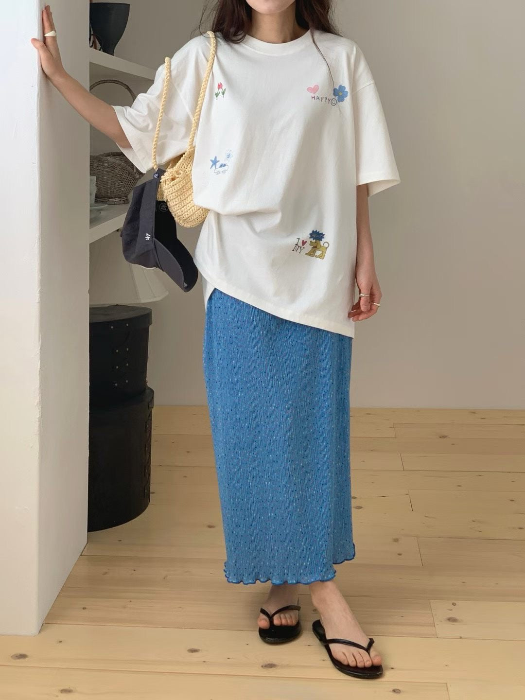 印花木耳邊壓褶直身裙/彩藍